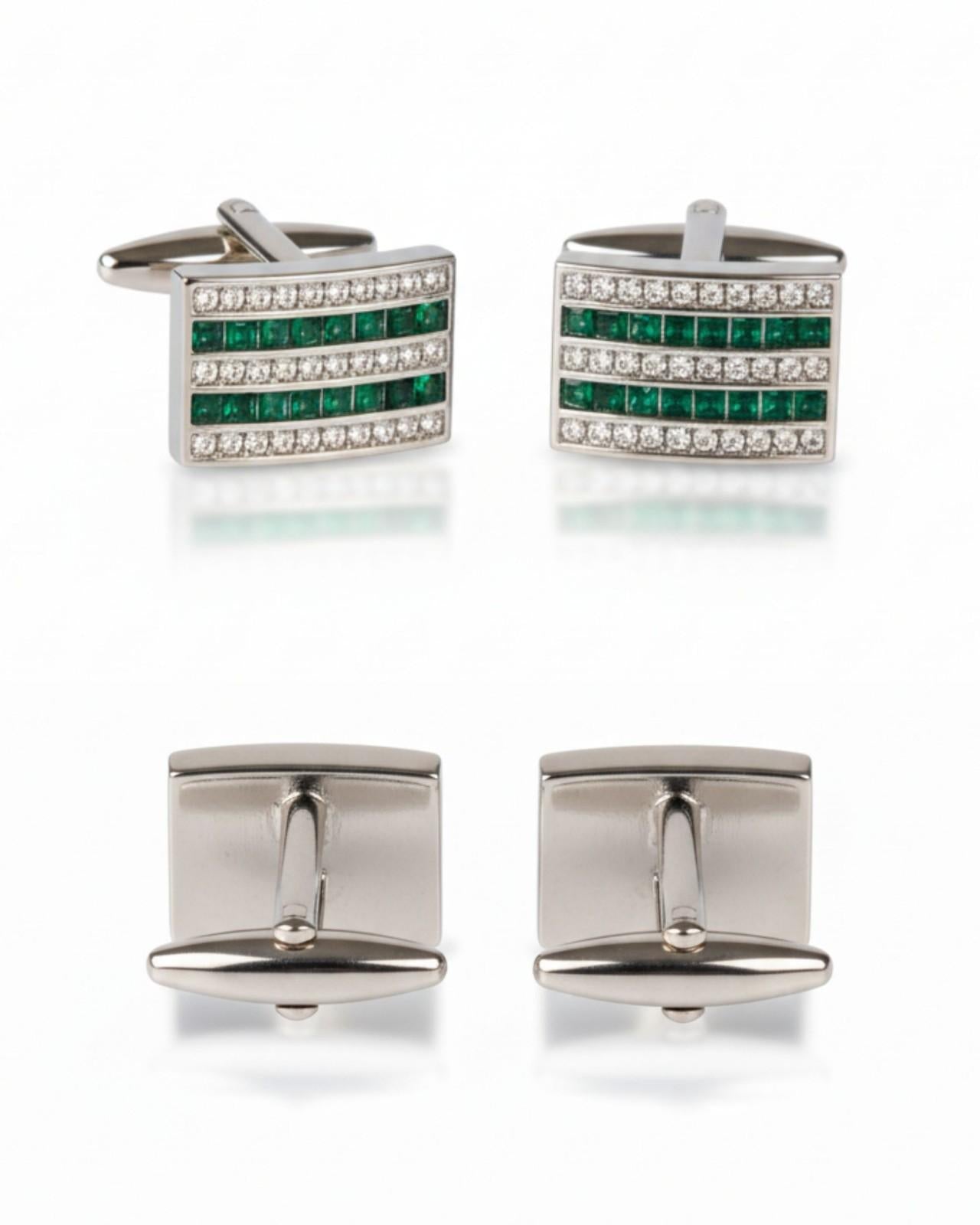 Premsons® Green & Clear Crystal Stripe Square Silver Cufflinks for Men