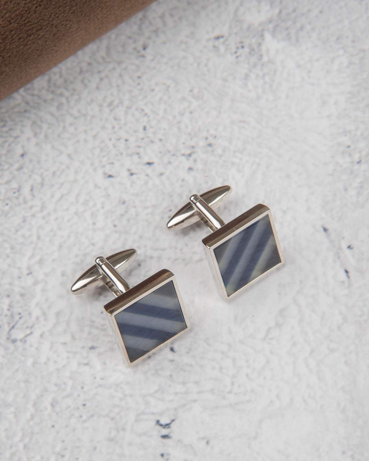 Premsons® Grey Diagonal Stripe Square Silver Cufflinks for Men