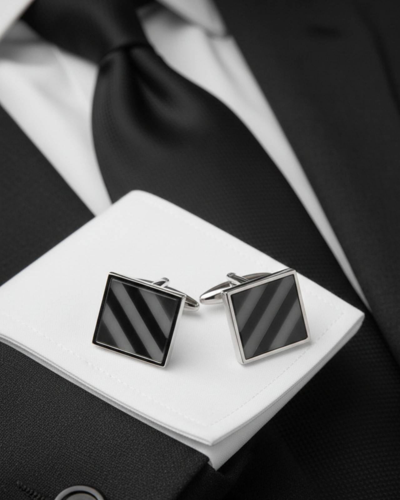 Premsons® Grey Diagonal Stripe Square Silver Cufflinks for Men