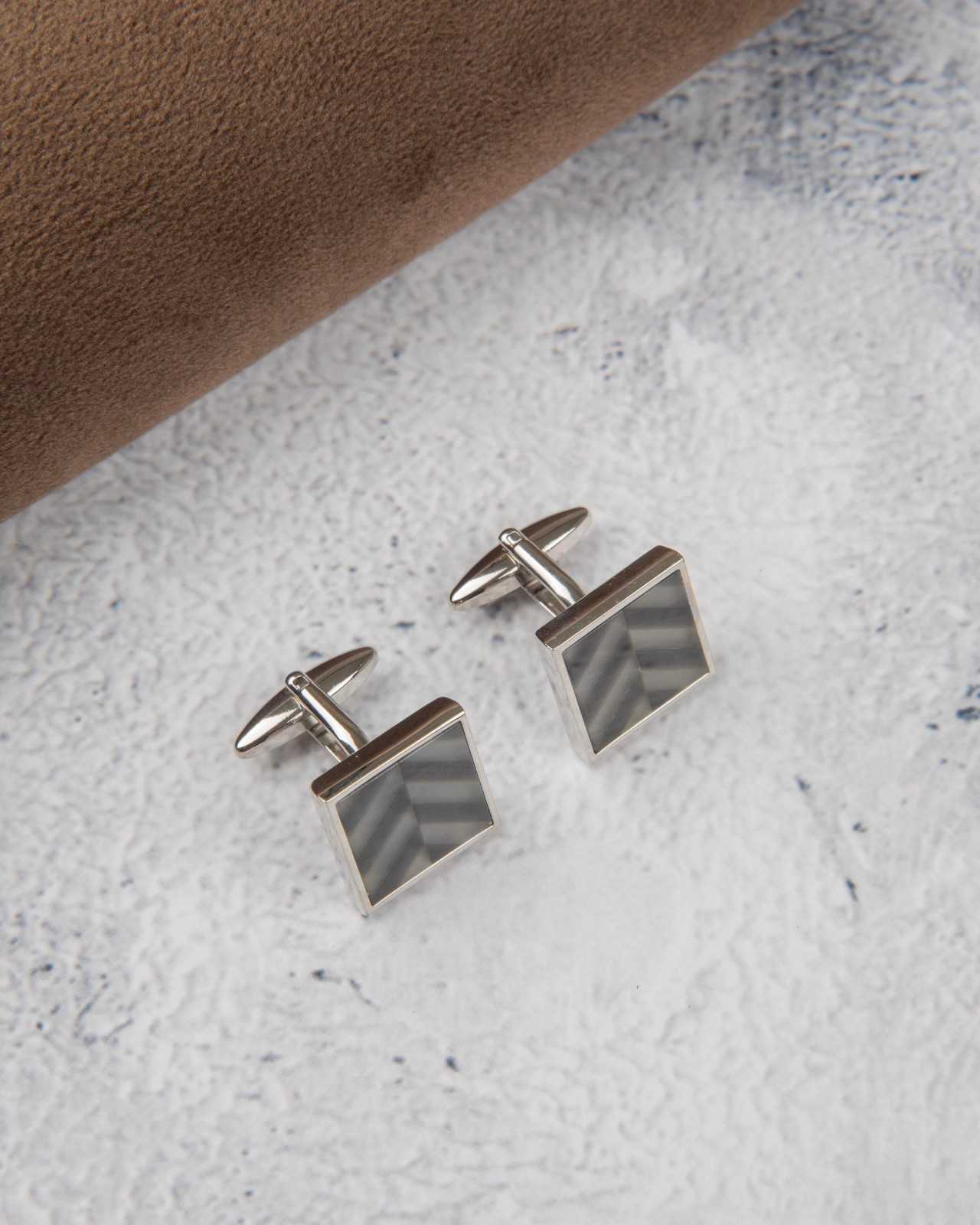 Premsons® Grey Striped Stone Square Silver Cufflinks for Men