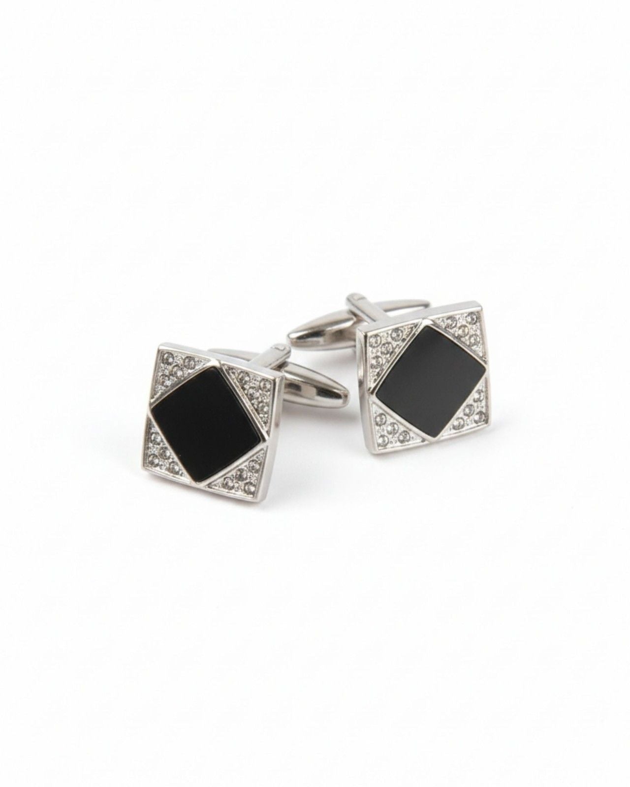 Premsons® Luxury Men’s Square Cufflinks with Black Onyx Style Centre & Crystal Border, Statement Designer Accessories for Evening Wear – Silver