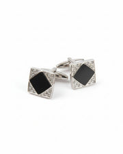 Premsons® Luxury Men’s Square Cufflinks with Black Onyx Style Centre & Crystal Border, Statement Designer Accessories for Evening Wear – Silver