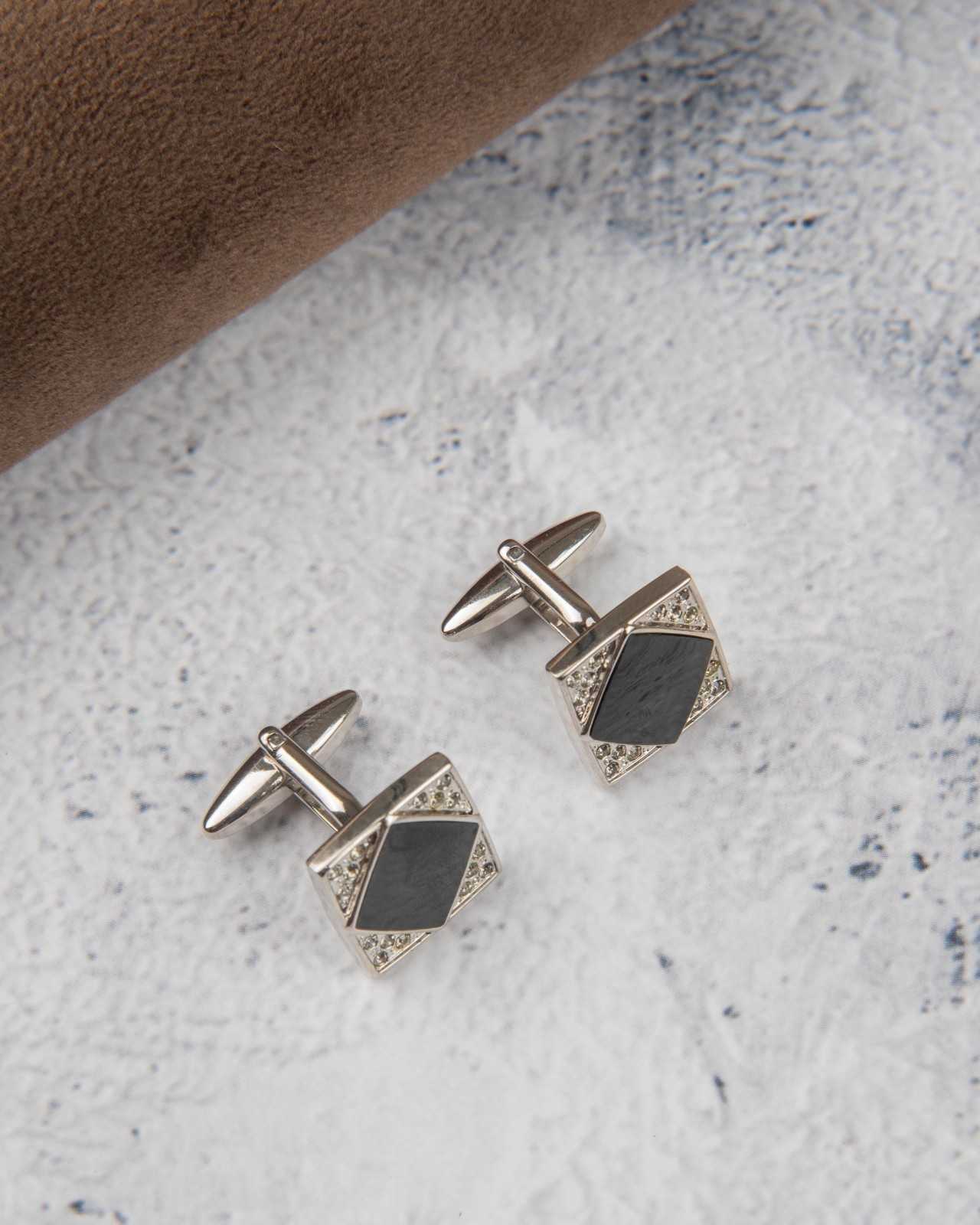 Premsons® Luxury Men’s Square Cufflinks with Black Onyx Style Centre & Crystal Border, Statement Designer Accessories for Evening Wear – Silver