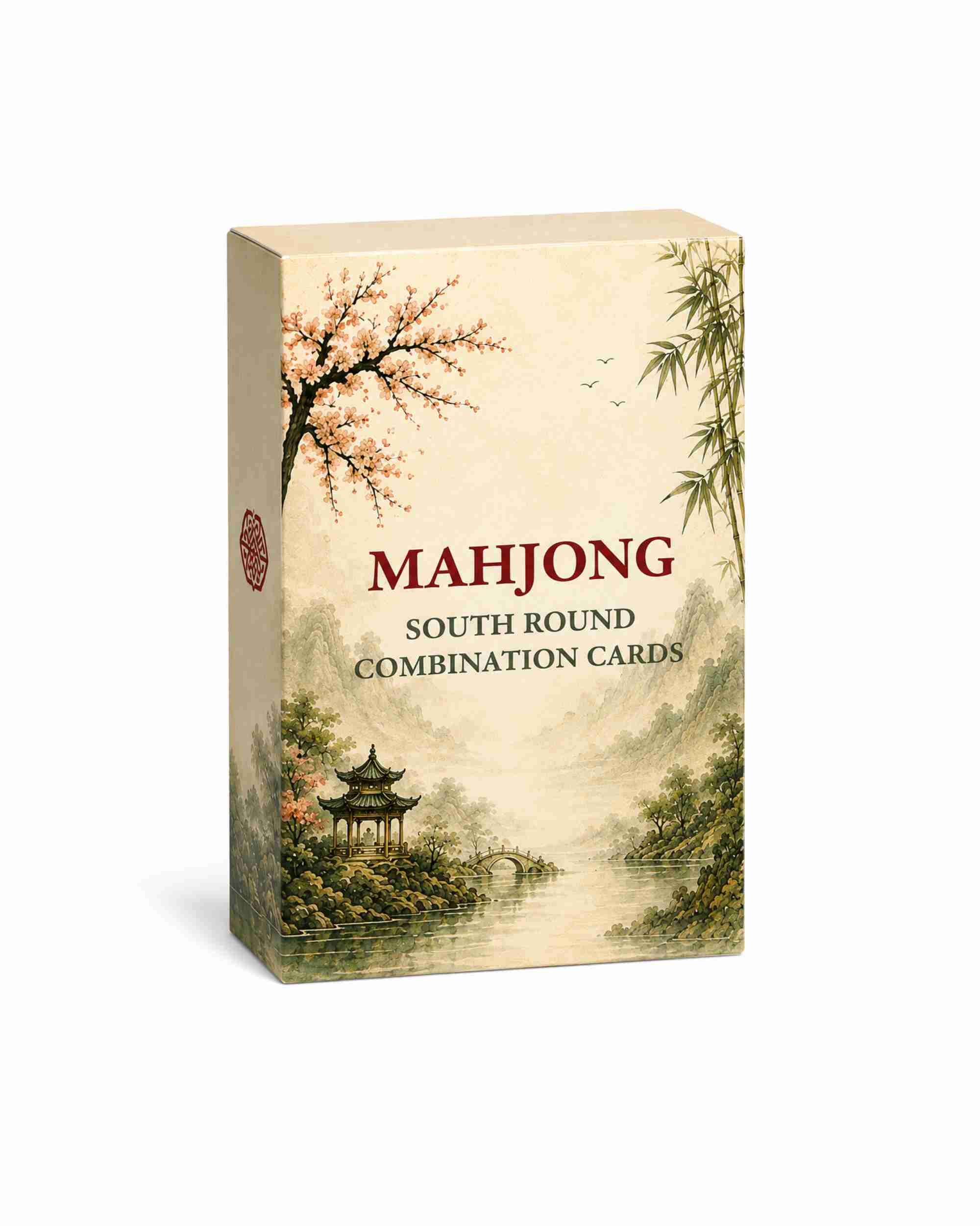 Mahjong South Round combination card box with illustrated landscape and title