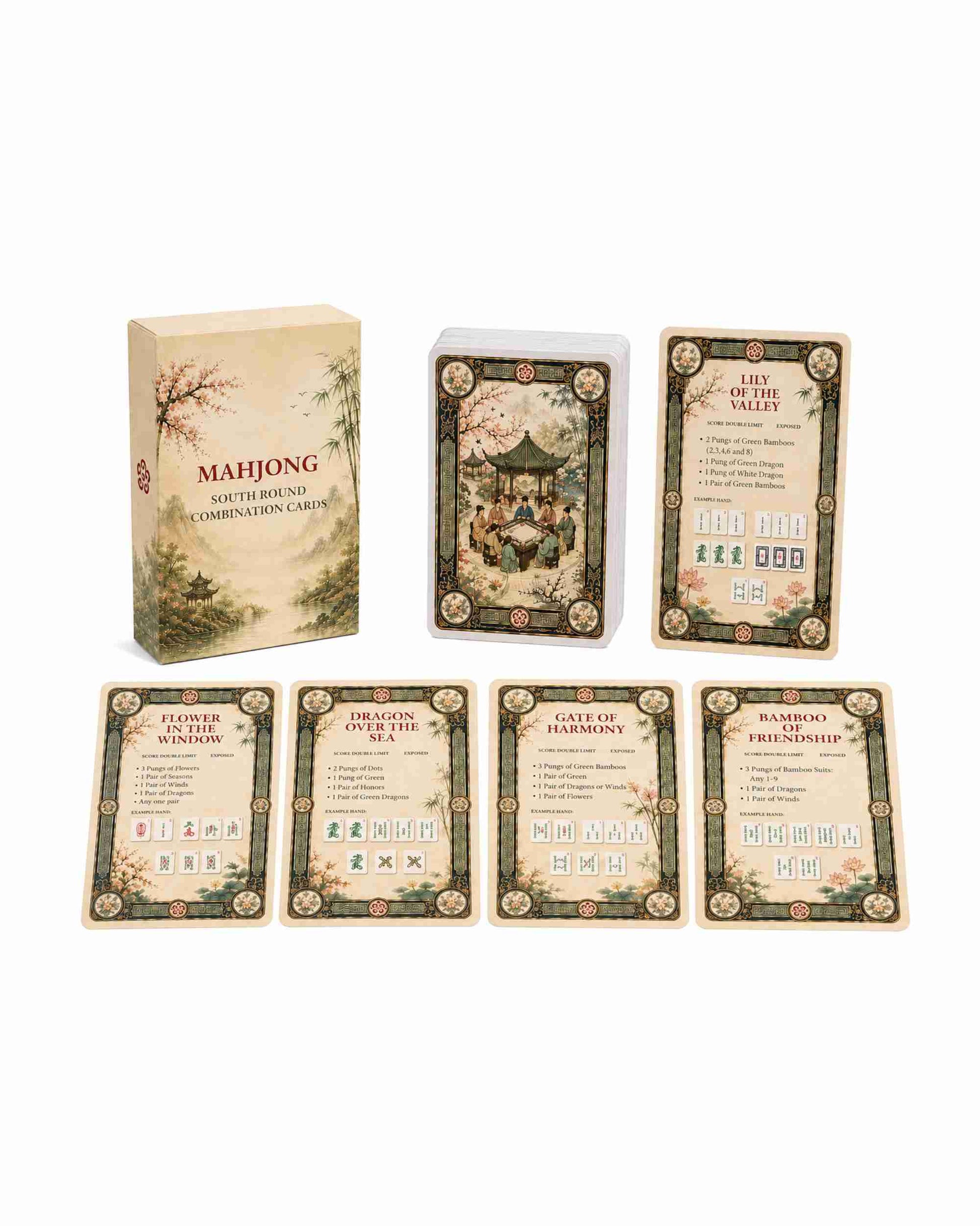 Mahjong South Round combination card set with box and multiple card faces