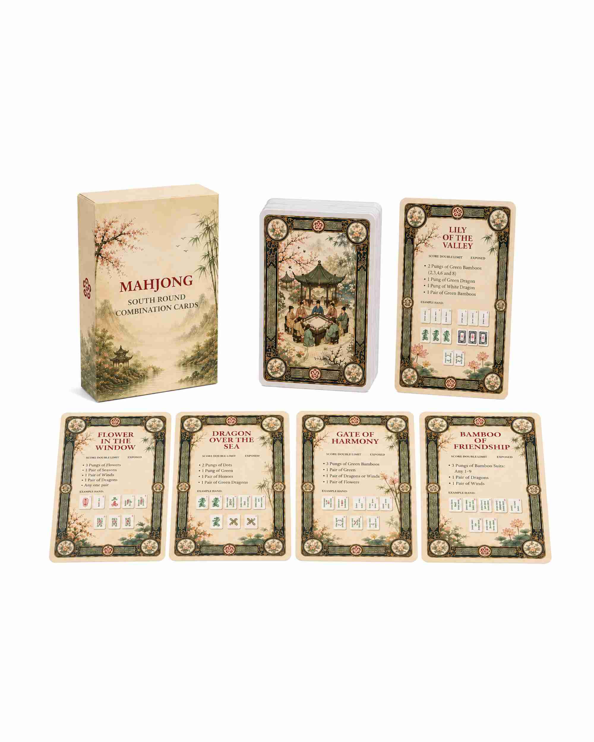 Mahjong South Round combination card set with box and multiple card faces