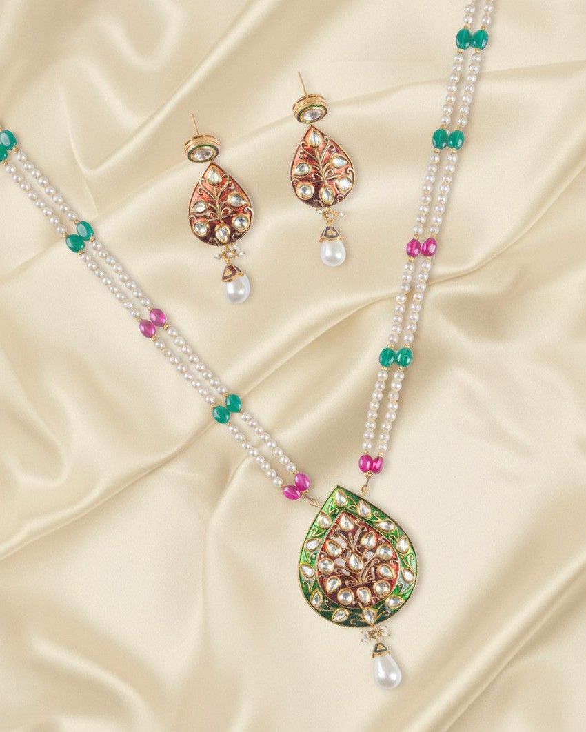 Premsons® Meenakari Heritage Pendant Set – Pearl Beaded Chain with Enamel Kundan Motif – Green, Pink & Gold – Standard Fit