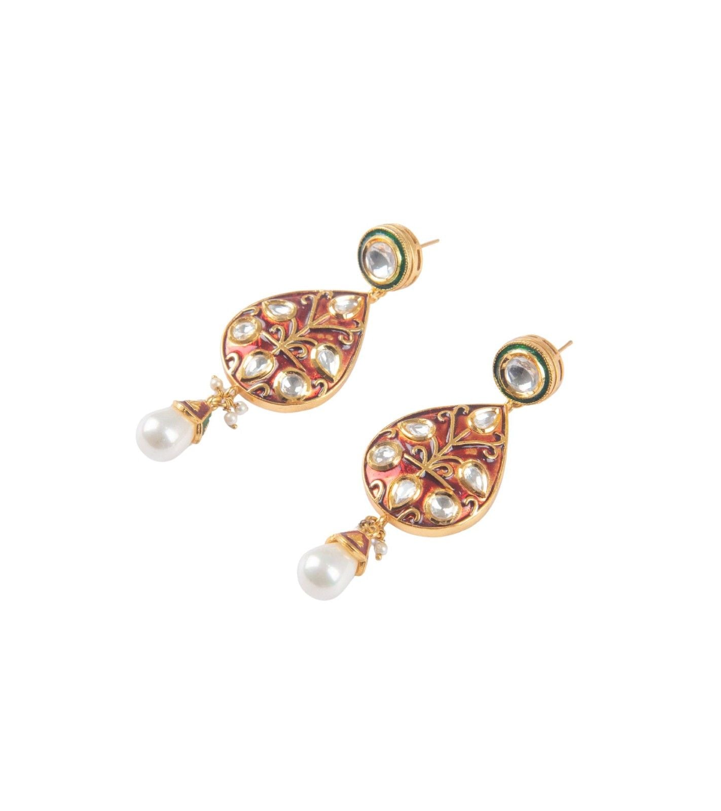 Gold-tone enamel teardrop earrings with green and pink kundan design and dangling pearl drops