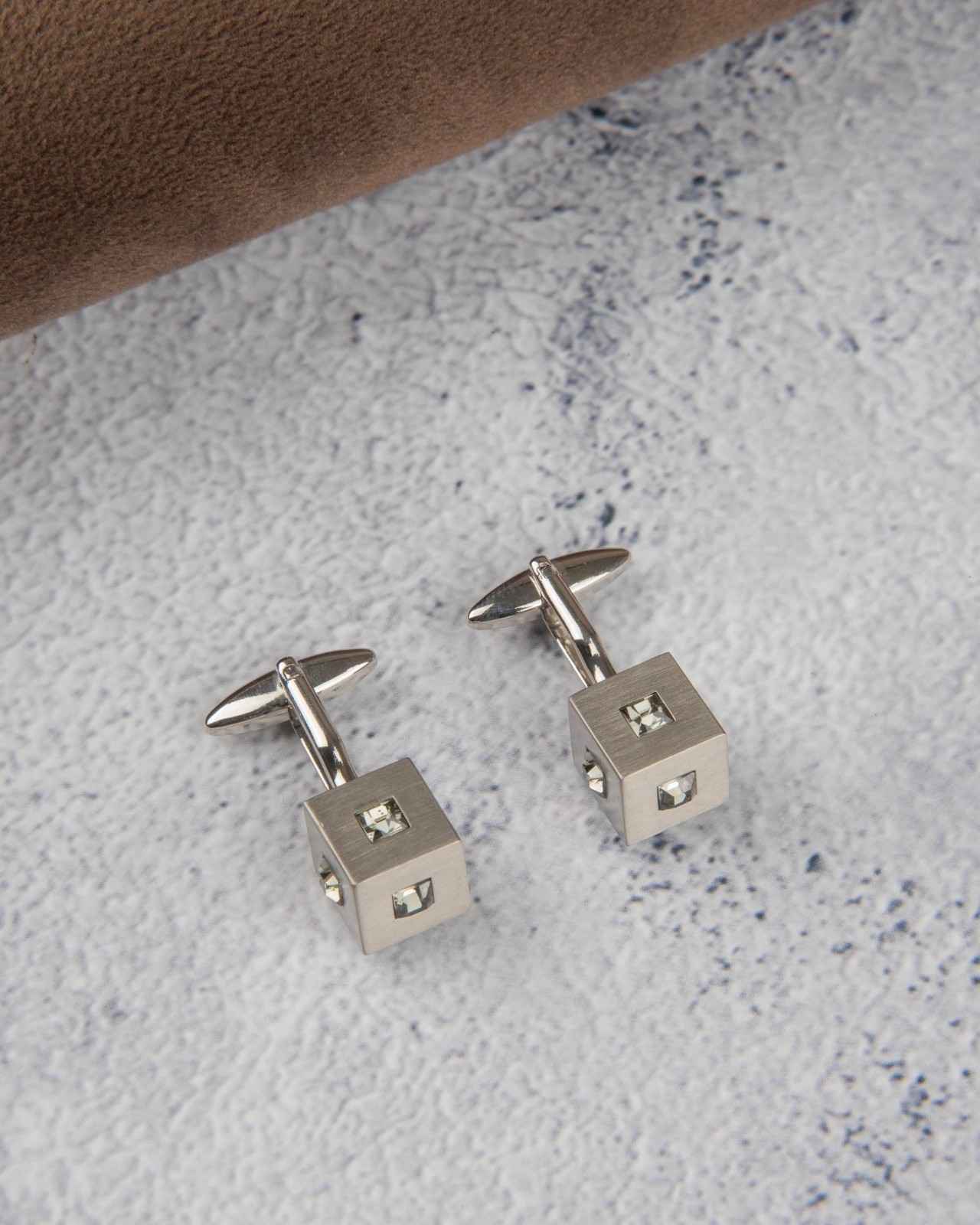 Premsons® Men’s Cube Silver Cufflinks with Clear Crystal Inlay, Minimalist Luxury Formal Accessories