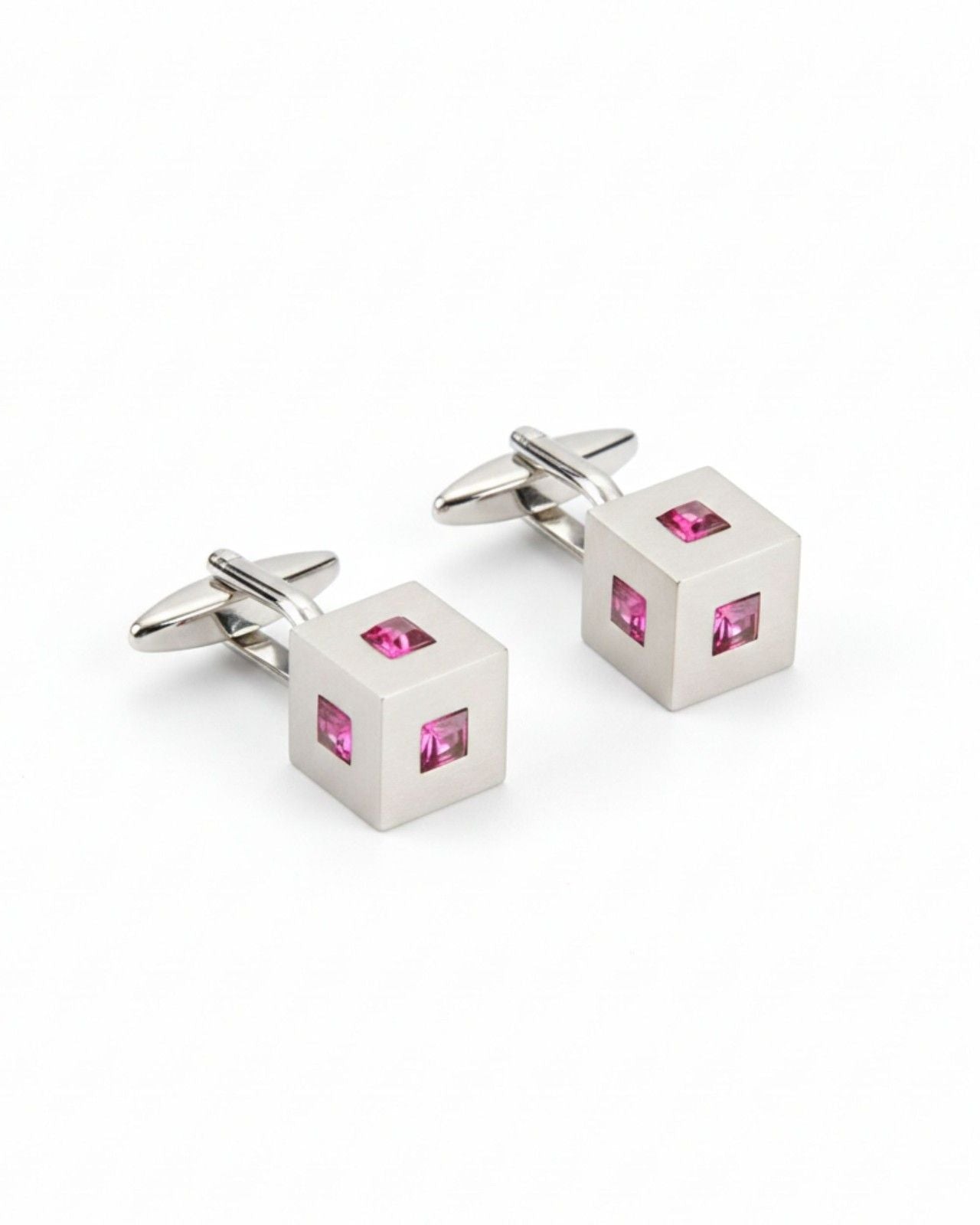 Premsons® Men’s Cube Silver Cufflinks with Pink Crystal Inlay, Luxury Statement Formal Accessories