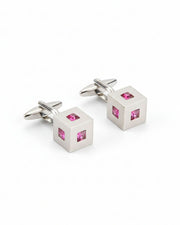 Premsons® Men’s Cube Silver Cufflinks with Pink Crystal Inlay, Luxury Statement Formal Accessories