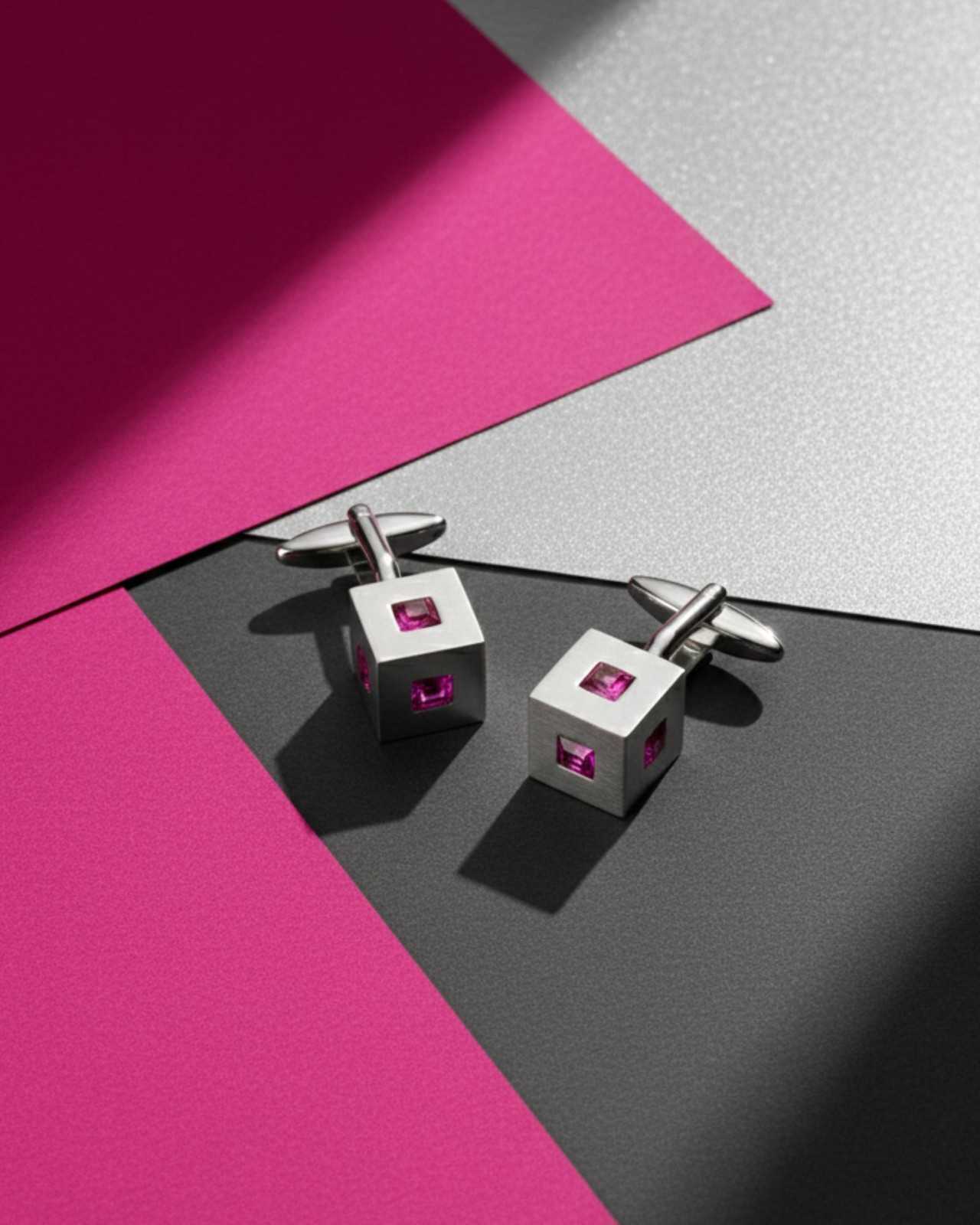 Premsons® Men’s Cube Silver Cufflinks with Pink Crystal Inlay, Luxury Statement Formal Accessories