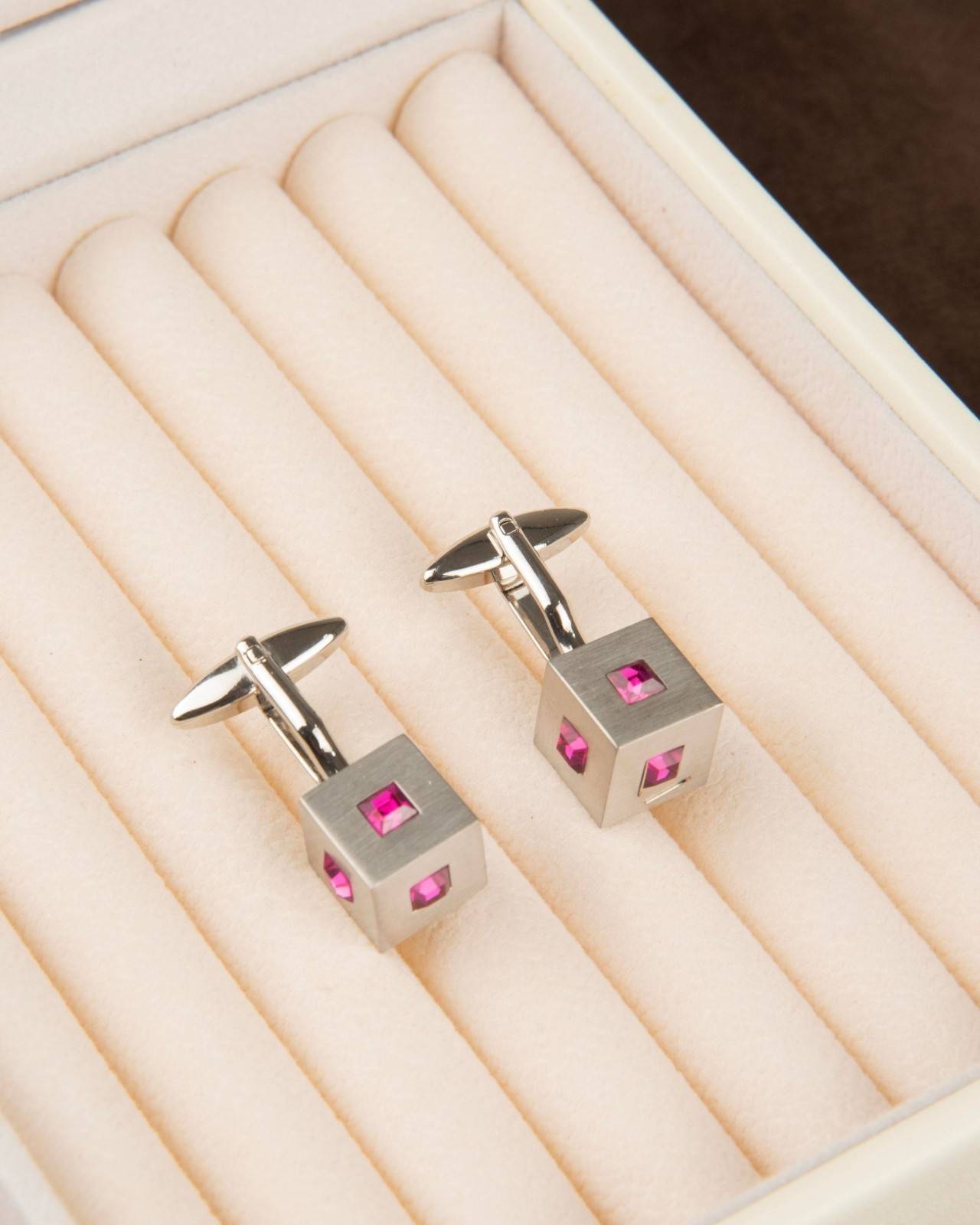 Premsons® Men’s Cube Silver Cufflinks with Pink Crystal Inlay, Luxury Statement Formal Accessories