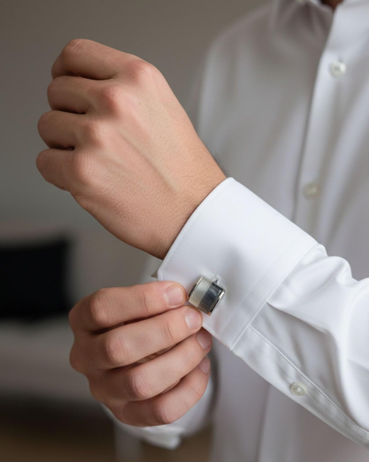 Premsons® Men’s Curved Rectangular Silver Tone Cufflinks with Gradient Inlay, Modern Formal Wear Shirt Accessories – Grey