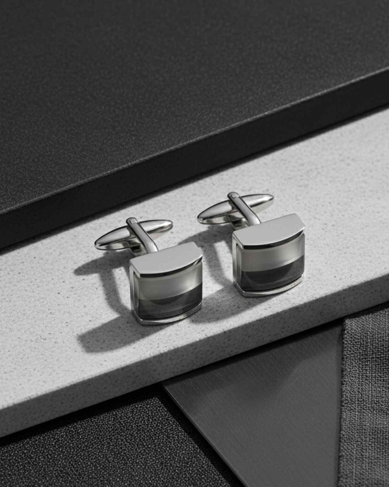 Premsons® Men’s Curved Rectangular Silver Tone Cufflinks with Gradient Inlay, Modern Formal Wear Shirt Accessories – Grey