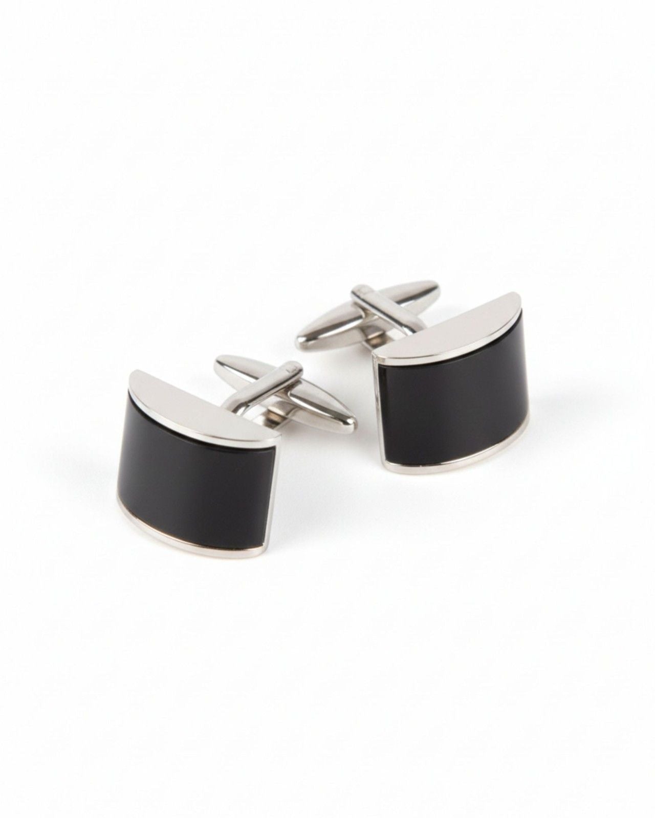 Premsons® Men’s Curved Rectangular Silver Tone Cufflinks with Smooth Enamel Finish, Minimalist Formal Shirt Accessories – Black
