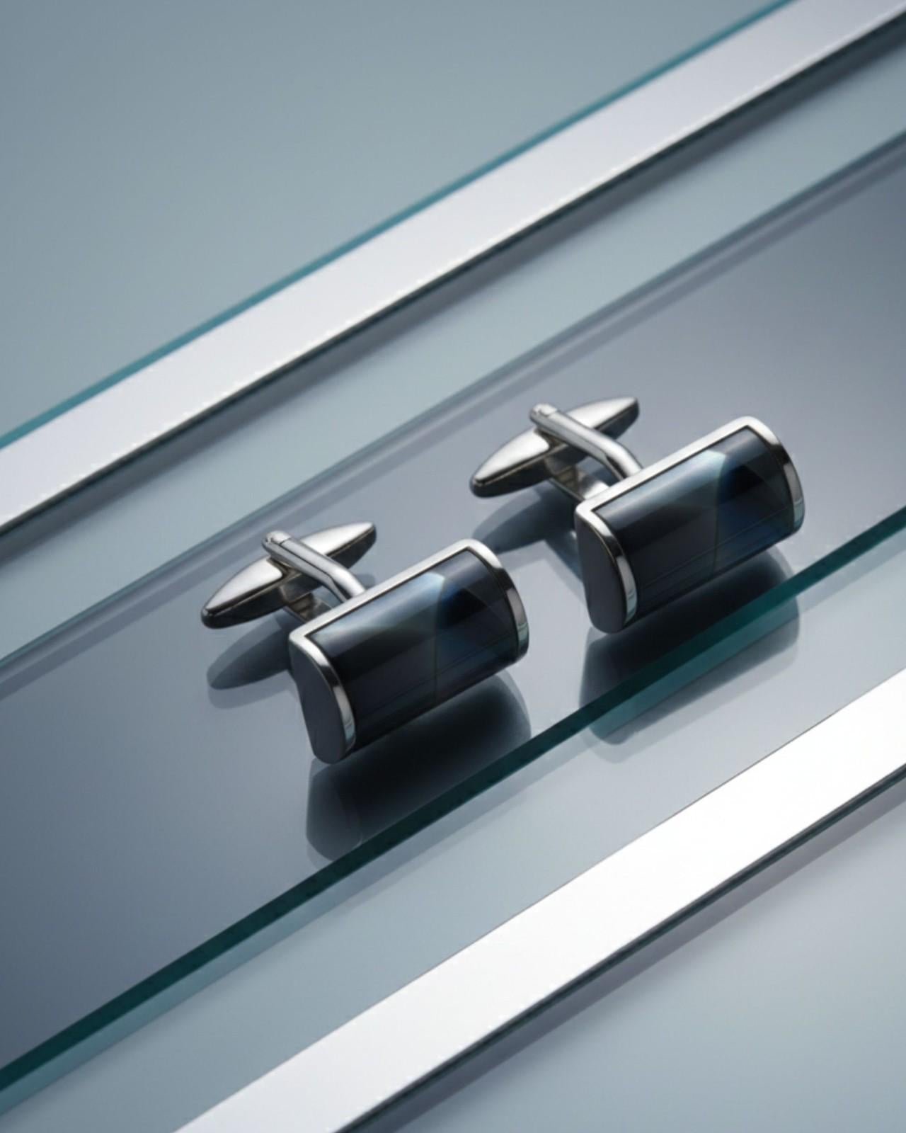 Premsons® Men’s Cylindrical Silver Tone Cufflinks with Glossy Resin Finish, Contemporary Formal Shirt Accessories – Grey