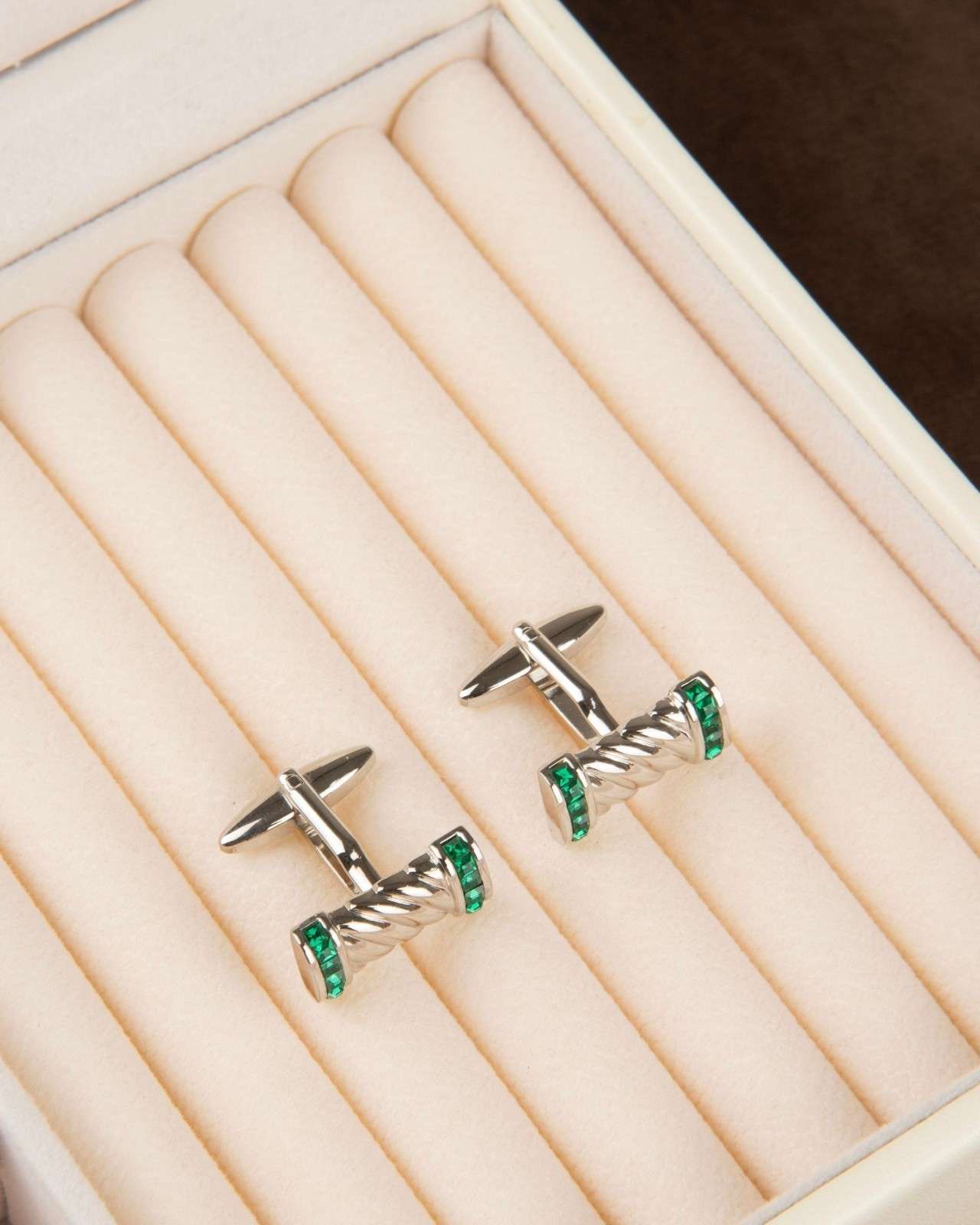 Premsons® Men’s Designer Twisted Bar Cufflinks with Crystal End Caps, Statement Accessories for Luxury Menswear – Green