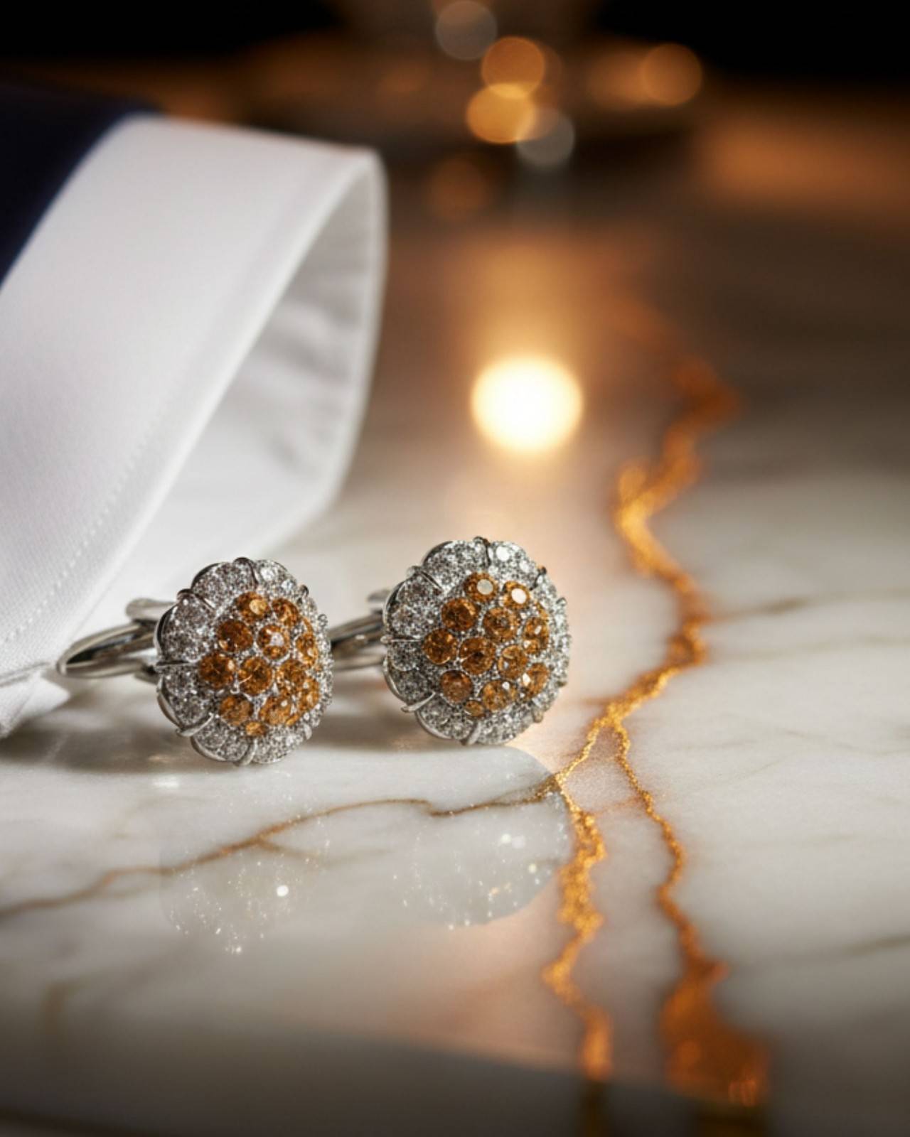 Premsons® Men’s Floral Style Crystal Cluster Cufflinks, Premium Wedding & Celebration Accessories for Grooms – Gold