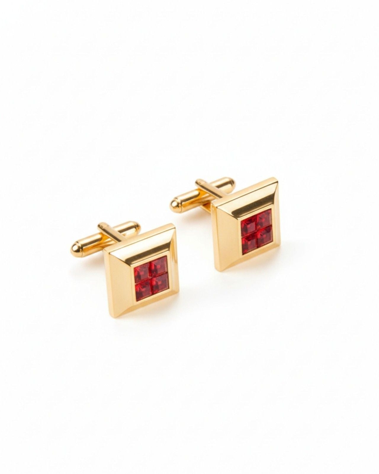 Premsons® Men’s Gold Tone Square Cufflinks with Crystal Mosaic Centre, Premium Formal Wear Accessories for Weddings & Parties – Red