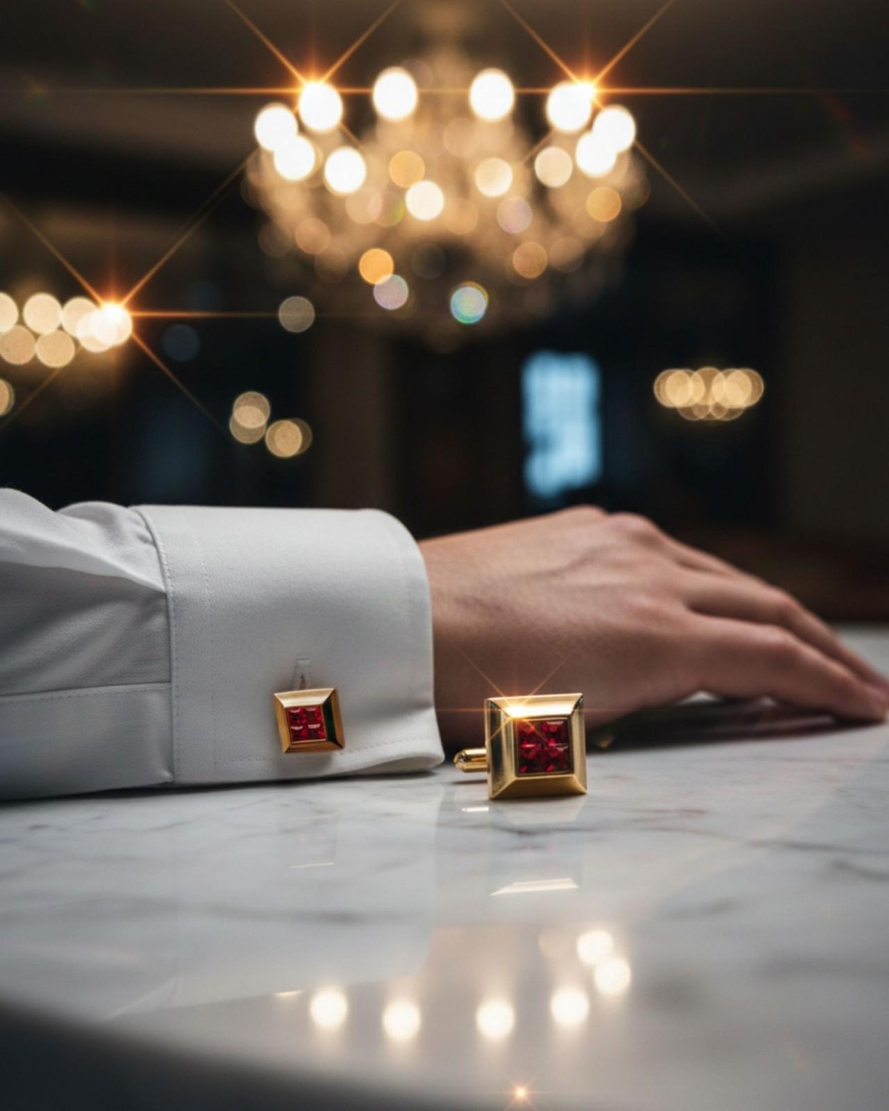 Premsons® Men’s Gold Tone Square Cufflinks with Crystal Mosaic Centre, Premium Formal Wear Accessories for Weddings & Parties – Red