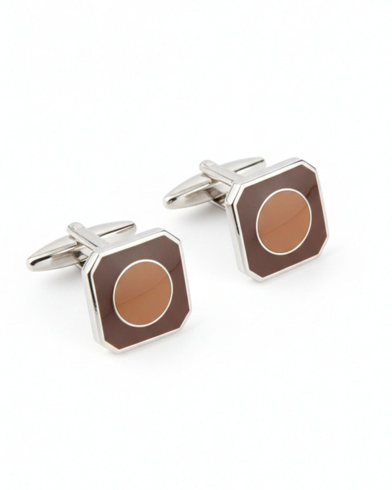 Premsons® Men’s Octagon Silver Cufflinks with Brown Circular Inlay, Elegant Office & Formal Wear