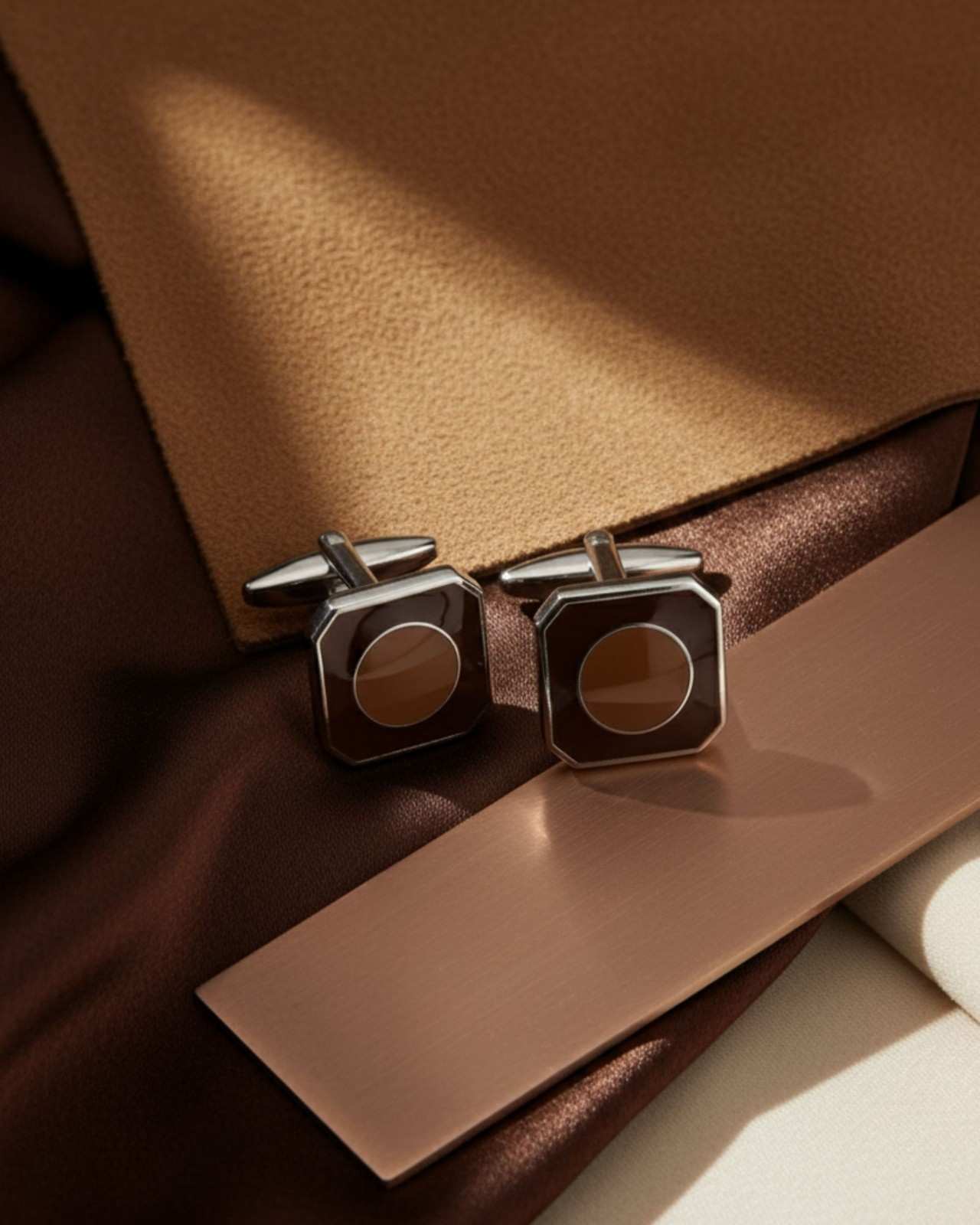 Premsons® Men’s Octagon Silver Cufflinks with Brown Circular Inlay, Elegant Office & Formal Wear