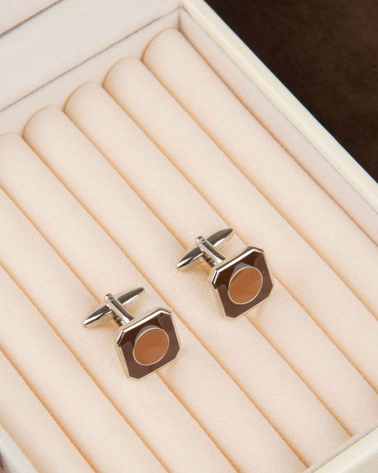 Premsons® Men’s Octagon Silver Cufflinks with Brown Circular Inlay, Elegant Office & Formal Wear