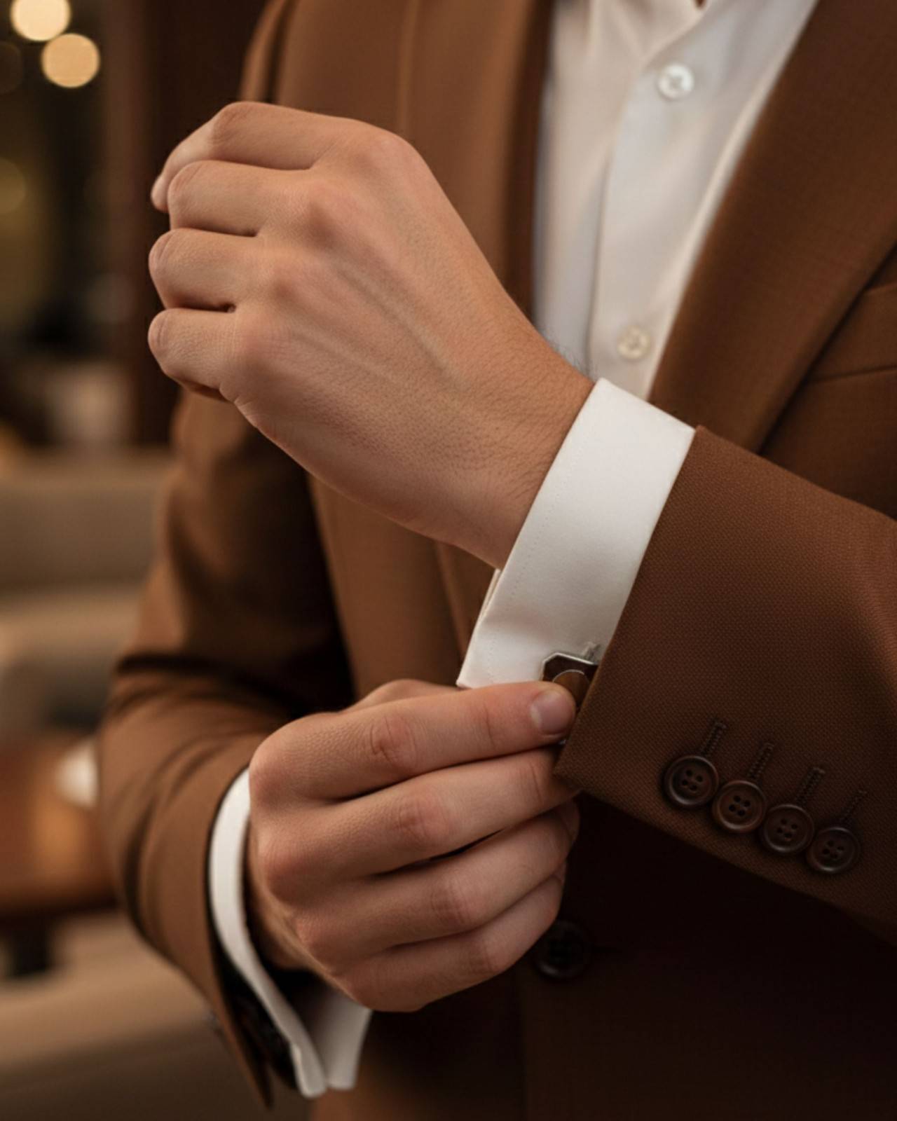 Premsons® Men’s Octagon Silver Cufflinks with Brown Circular Inlay, Elegant Office & Formal Wear