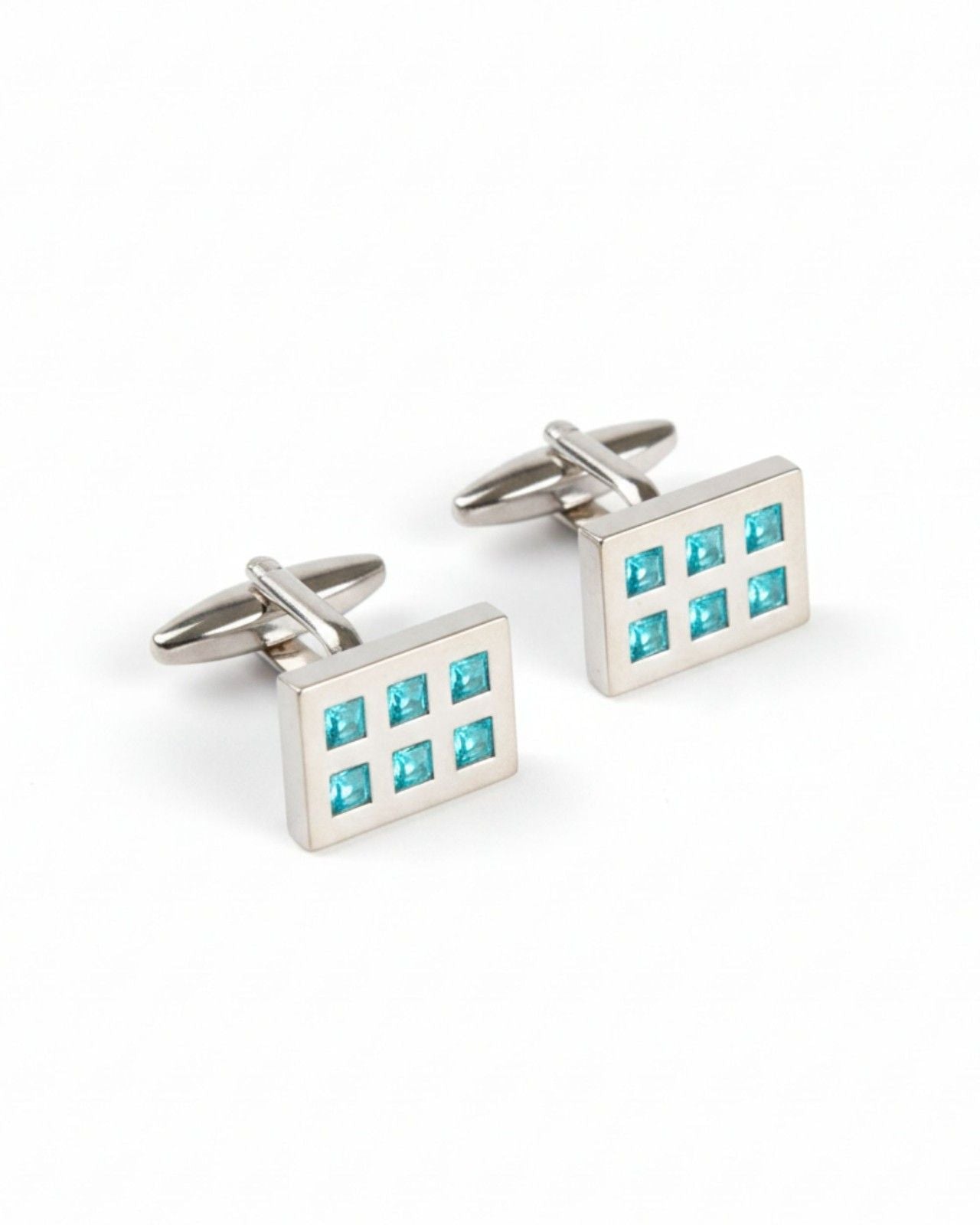 Premsons® Men’s Rectangular Silver Cufflinks with Aqua Crystal Grid Inlay, Modern Formal Wear