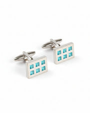 Premsons® Men’s Rectangular Silver Cufflinks with Aqua Crystal Grid Inlay, Modern Formal Wear