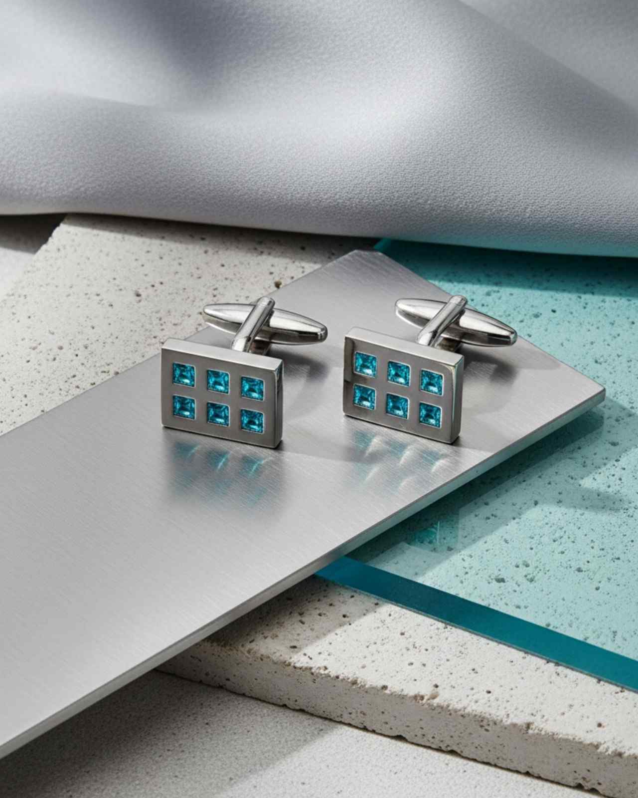 Premsons® Men’s Rectangular Silver Cufflinks with Aqua Crystal Grid Inlay, Modern Formal Wear