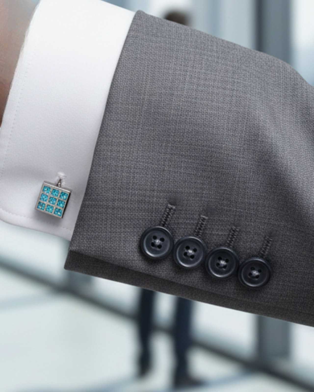 Premsons® Men’s Rectangular Silver Cufflinks with Aqua Crystal Grid Inlay, Modern Formal Wear