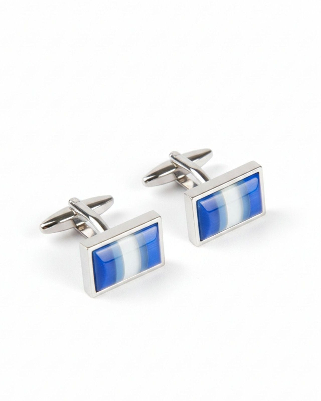Premsons® Men’s Rectangular Silver Cufflinks with Blue Wave Inlay, Modern Formal Shirt Accessories