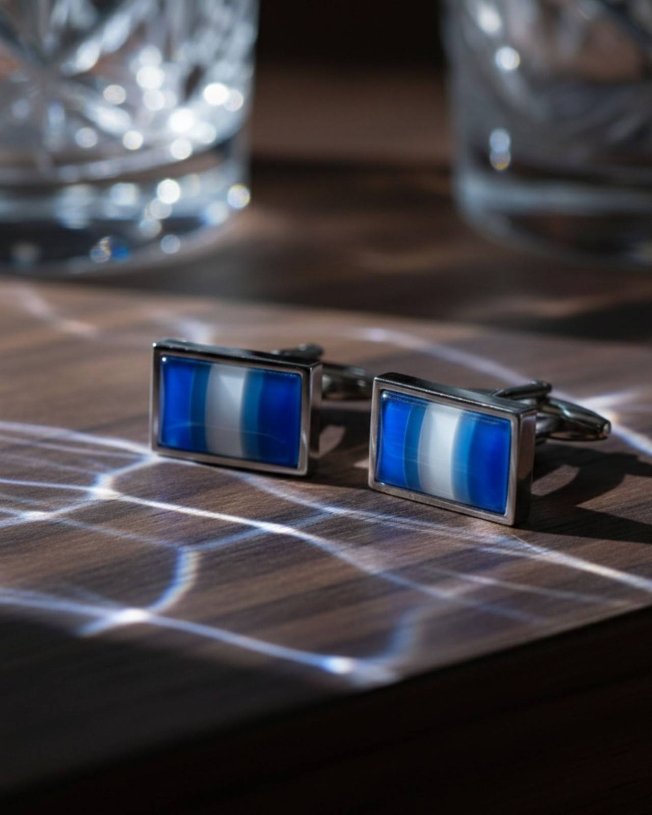 Premsons® Men’s Rectangular Silver Cufflinks with Blue Wave Inlay, Modern Formal Shirt Accessories