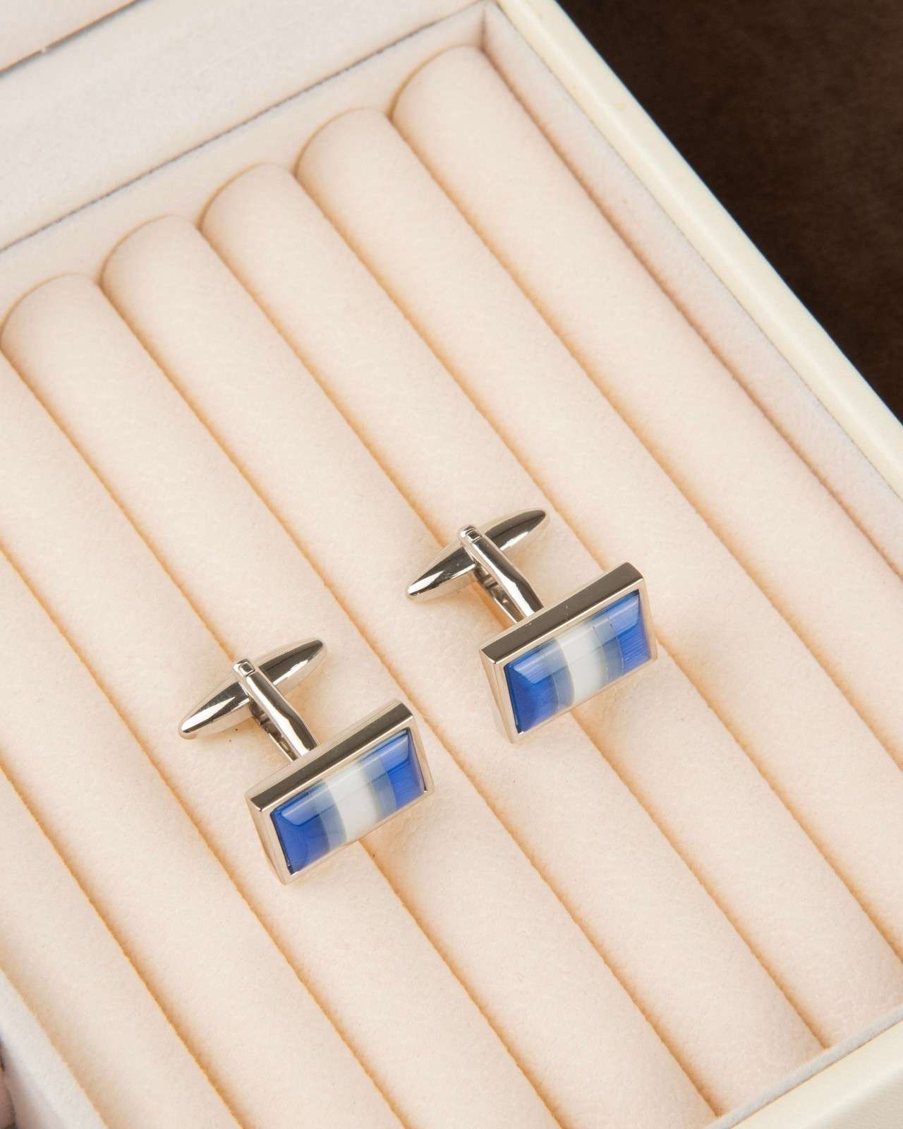 Premsons® Men’s Rectangular Silver Cufflinks with Blue Wave Inlay, Modern Formal Shirt Accessories