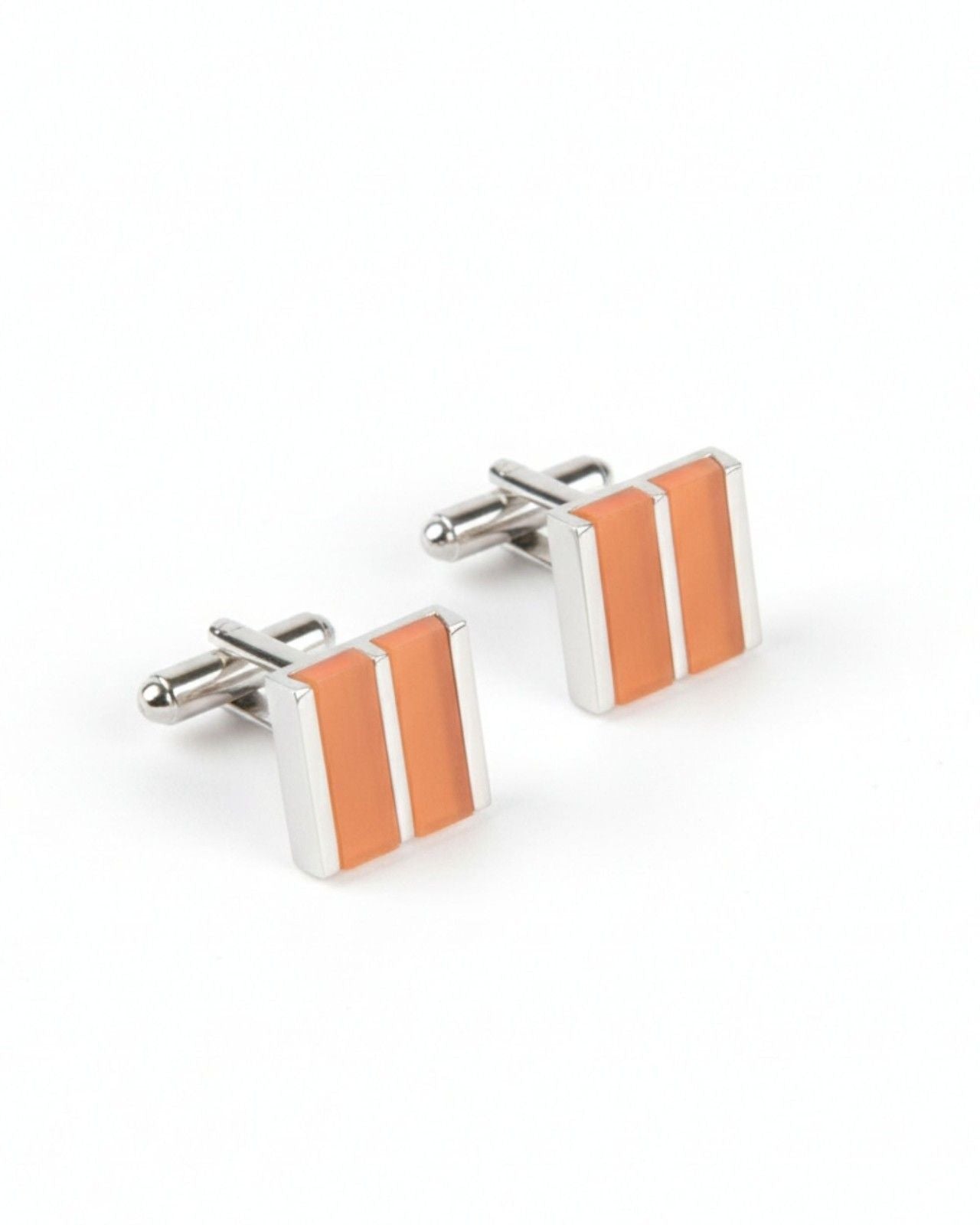Premsons® Men’s Rectangular Silver Cufflinks with Orange Dual Stripe Inlay, Contemporary Formal Wear