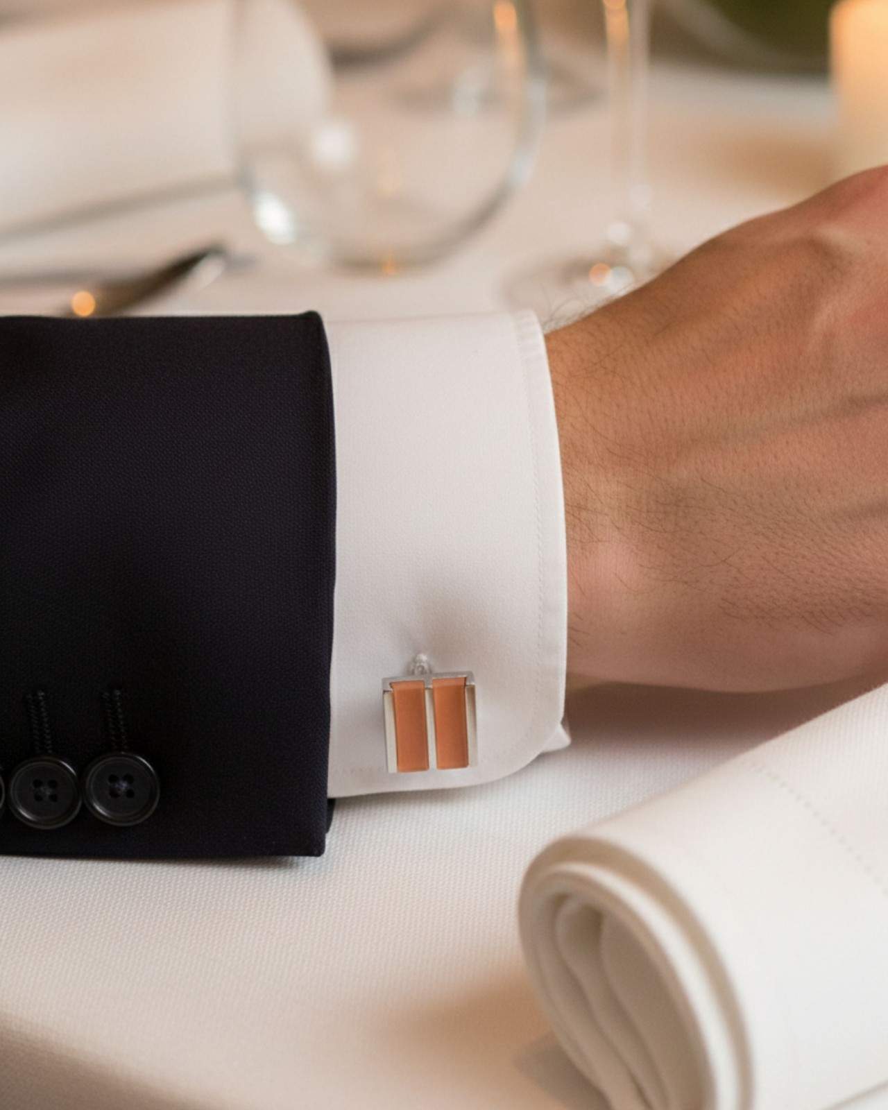 Premsons® Men’s Rectangular Silver Cufflinks with Orange Dual Stripe Inlay, Contemporary Formal Wear