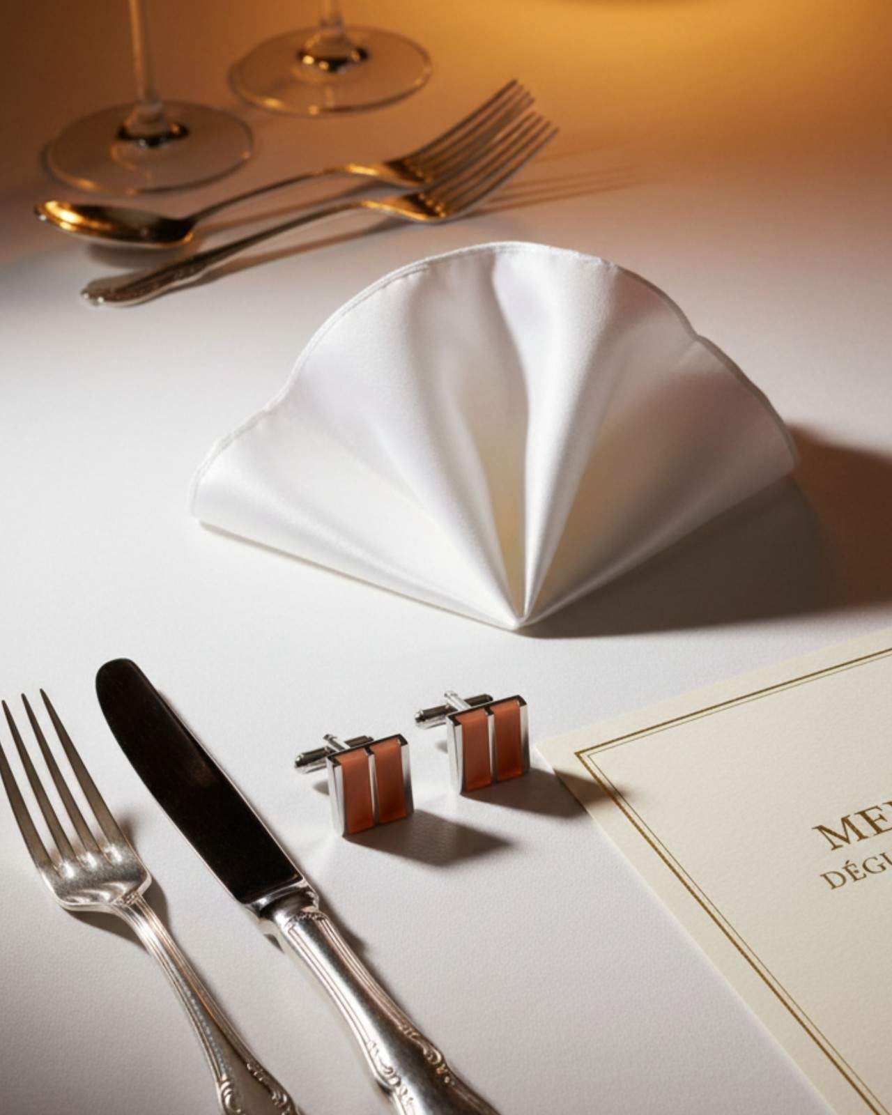 Premsons® Men’s Rectangular Silver Cufflinks with Orange Dual Stripe Inlay, Contemporary Formal Wear