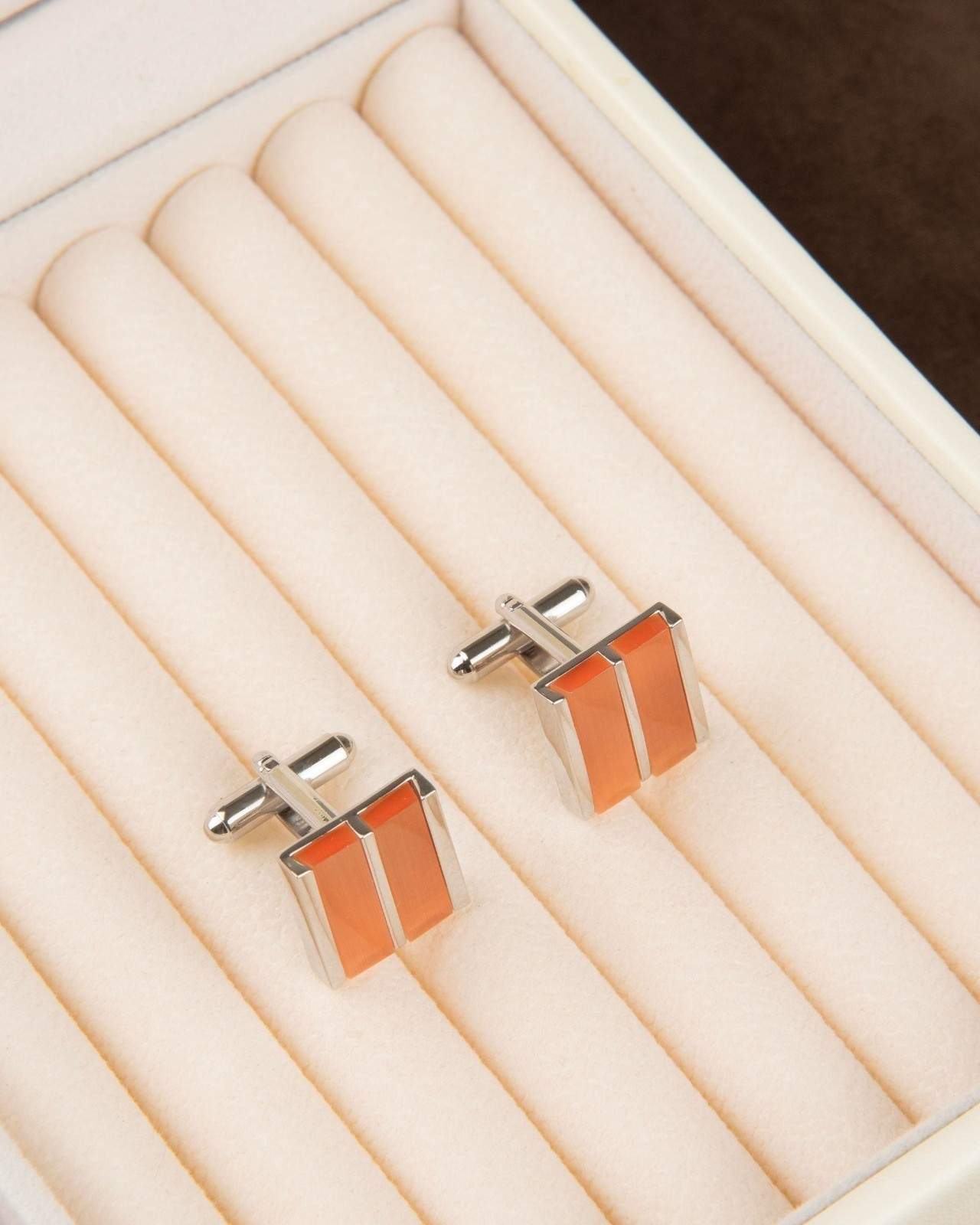 Premsons® Men’s Rectangular Silver Cufflinks with Orange Dual Stripe Inlay, Contemporary Formal Wear