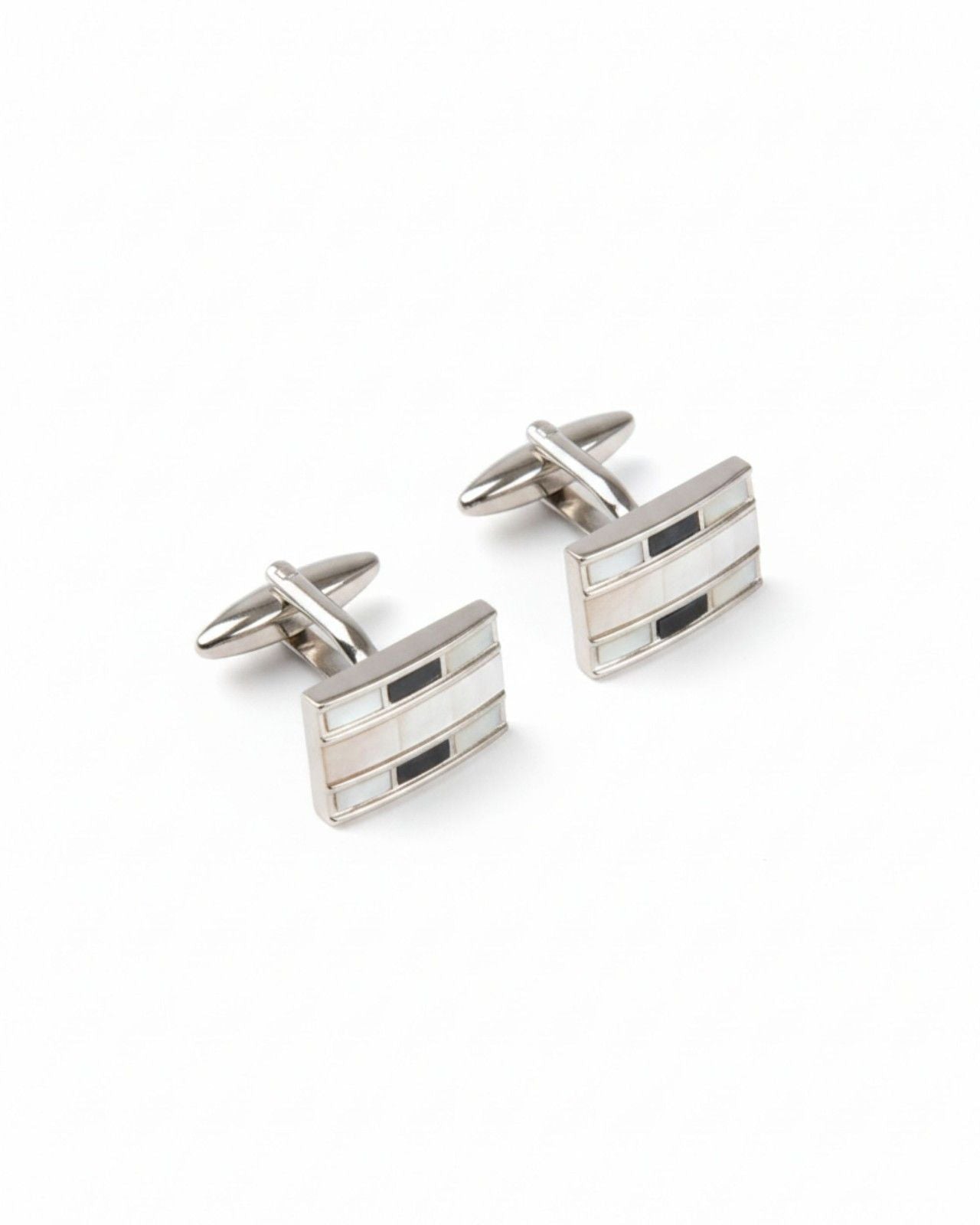 Premsons® Men’s Rectangular Silver Tone Cufflinks with Multi-Striped Inlay Design, Elegant Office & Party Wear Accessories – White