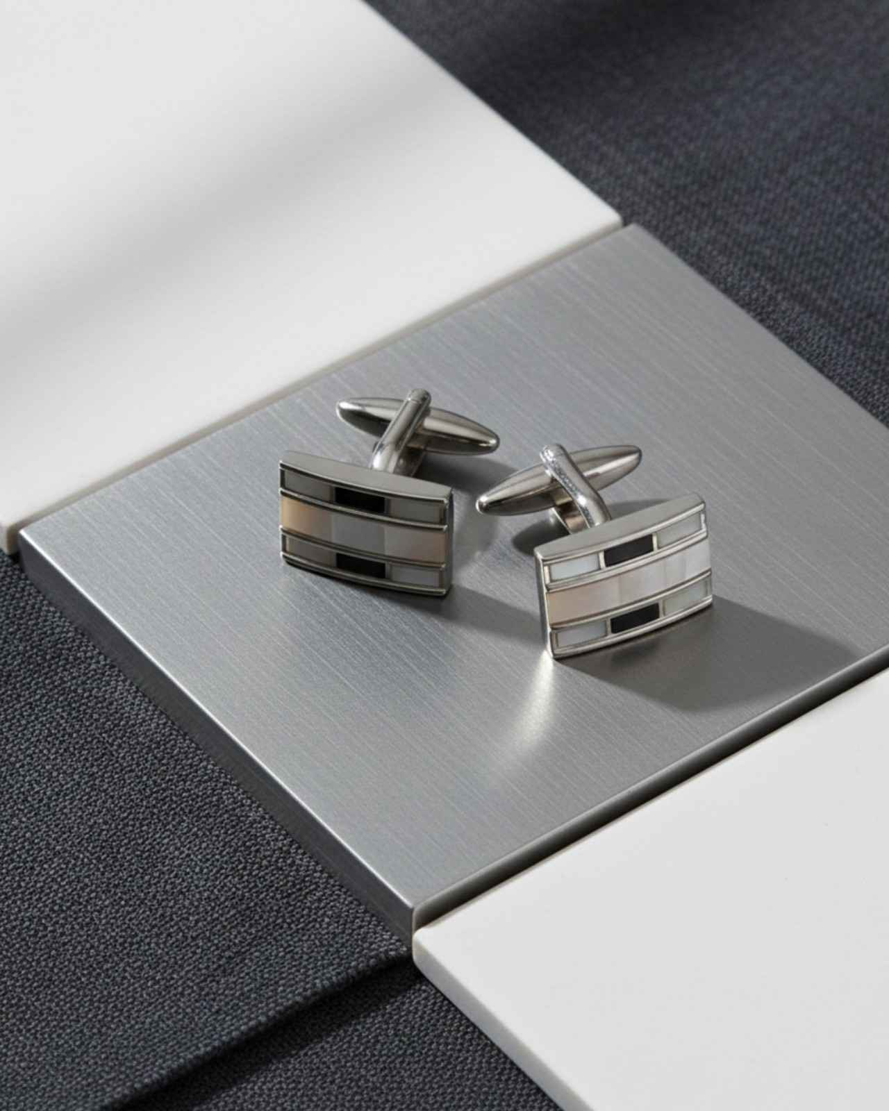 Premsons® Men’s Rectangular Silver Tone Cufflinks with Multi-Striped Inlay Design, Elegant Office & Party Wear Accessories – White