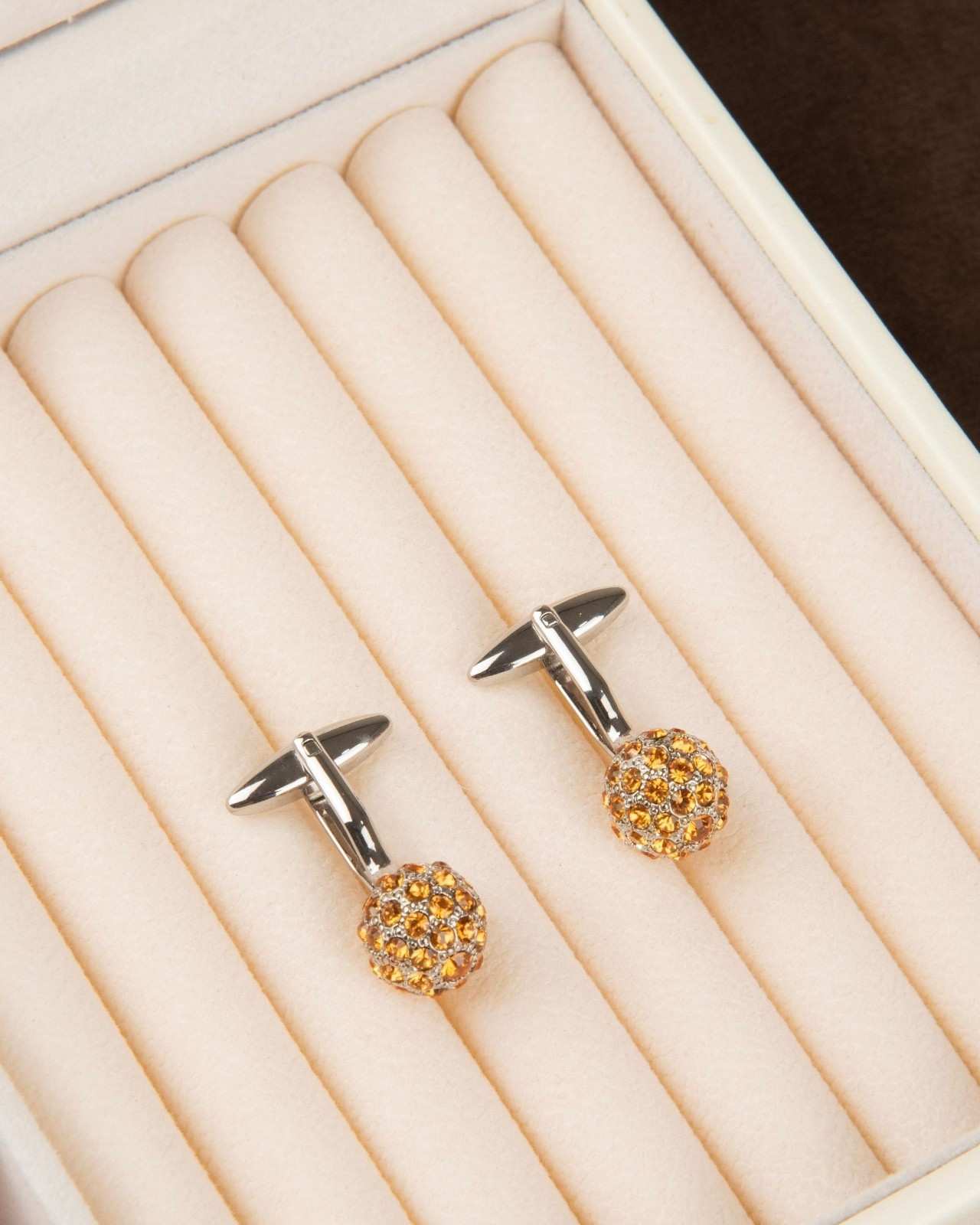 Premsons® Men’s Round Pavé Crystal Cufflinks with Dome Design, High-Shine Party Wear & Luxury Gift Accessories – Gold