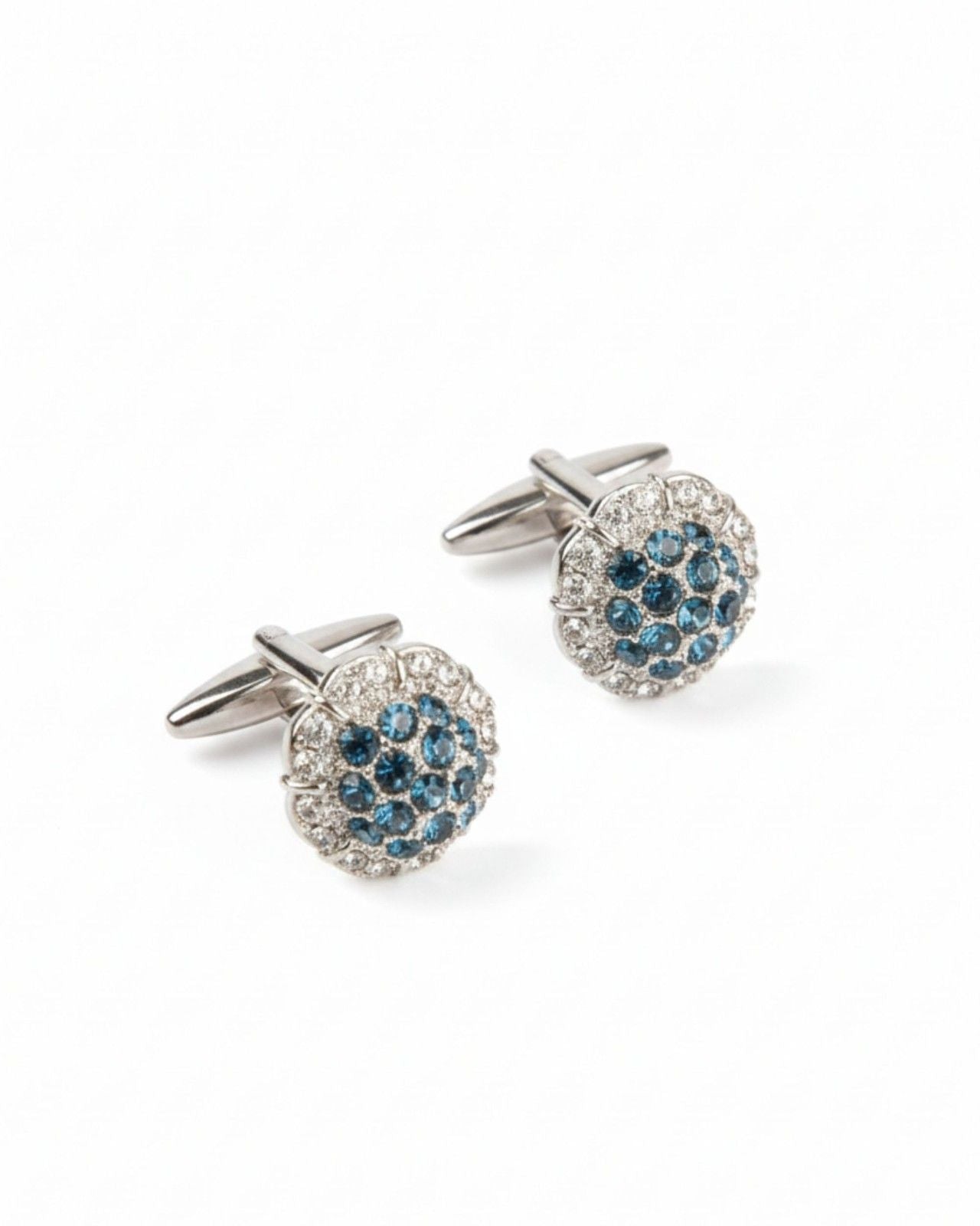 Premsons® Men’s Round Silver Cufflinks with Blue Crystal Cluster, Luxury Wedding & Party Accessories