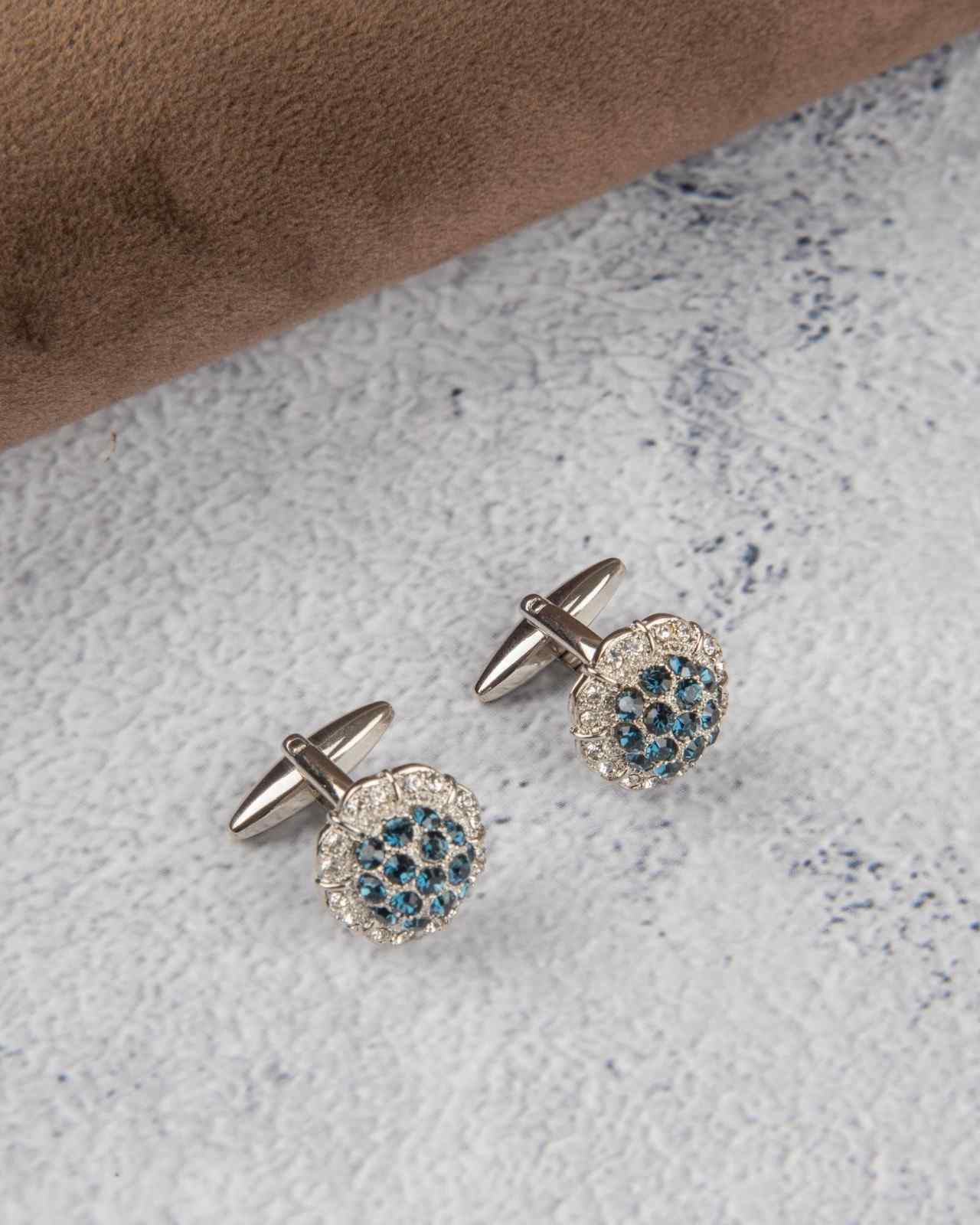 Premsons® Men’s Round Silver Cufflinks with Blue Crystal Cluster, Luxury Wedding & Party Accessories