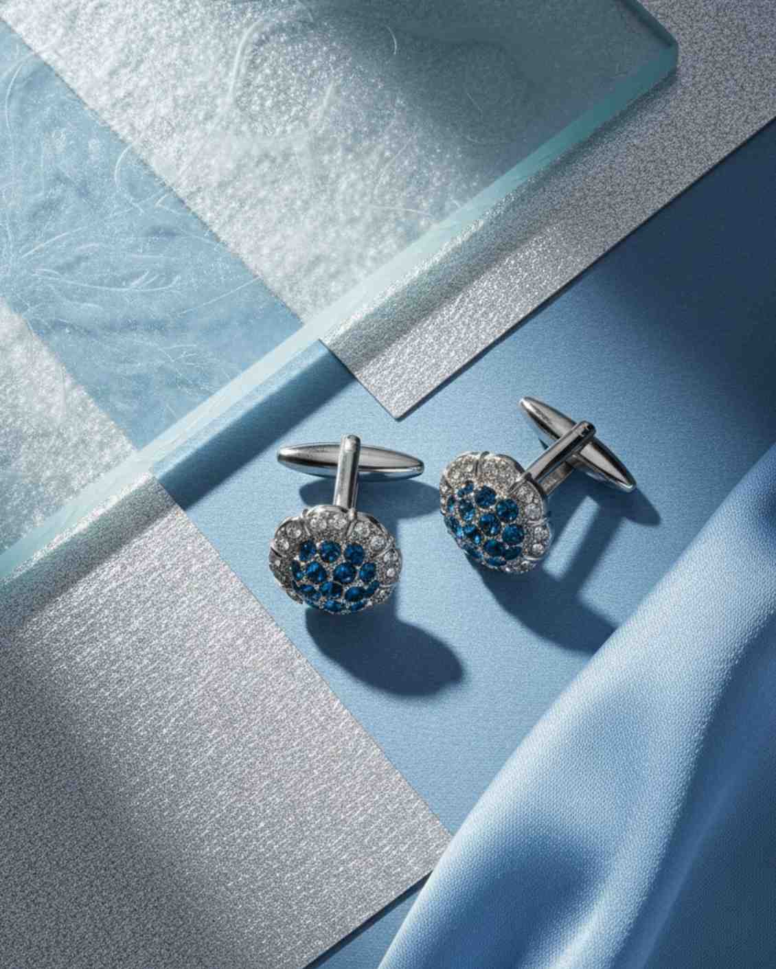 Premsons® Men’s Round Silver Cufflinks with Blue Crystal Cluster, Luxury Wedding & Party Accessories