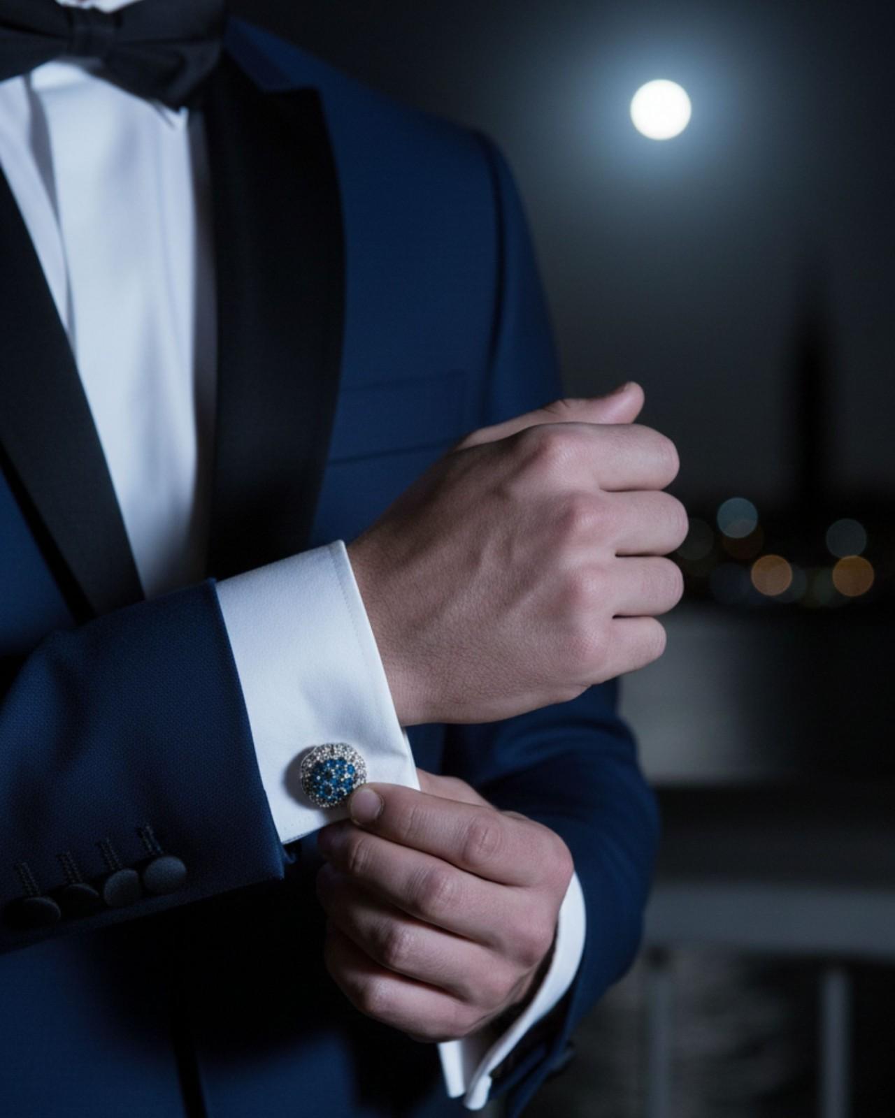 Premsons® Men’s Round Silver Cufflinks with Blue Crystal Cluster, Luxury Wedding & Party Accessories