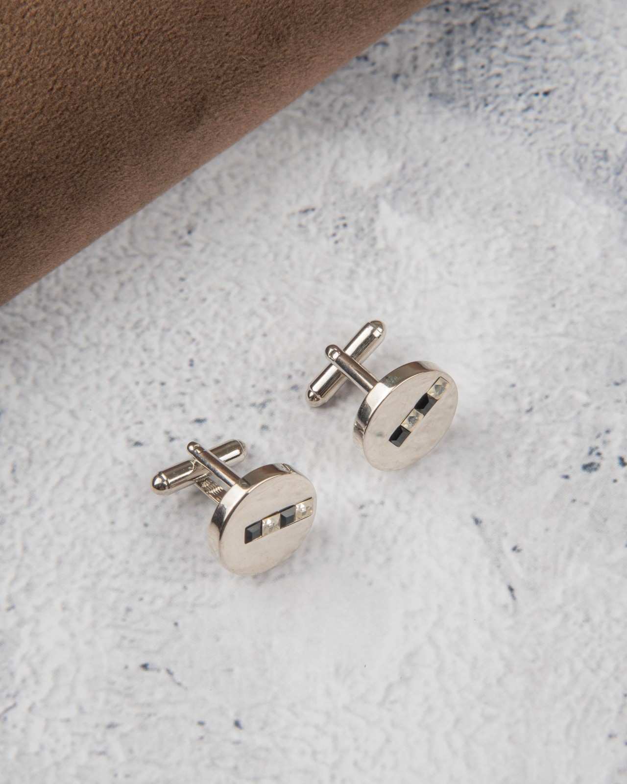 Premsons® Men’s Round Stainless Steel Cufflinks with Triple Crystal Accent, Contemporary Office Wear & Corporate Gifting Accessories – Silver