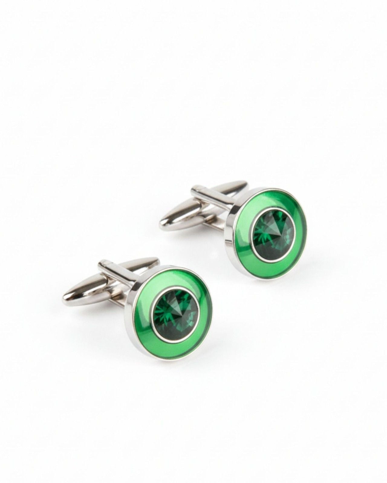 Premsons® Men’s Round Statement Cufflinks with Emerald Look Centre Stone, Bold Fashion Accessories for Party & Occasion Wear – Green