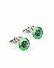 Premsons® Men’s Round Statement Cufflinks with Emerald Look Centre Stone, Bold Fashion Accessories for Party & Occasion Wear – Green